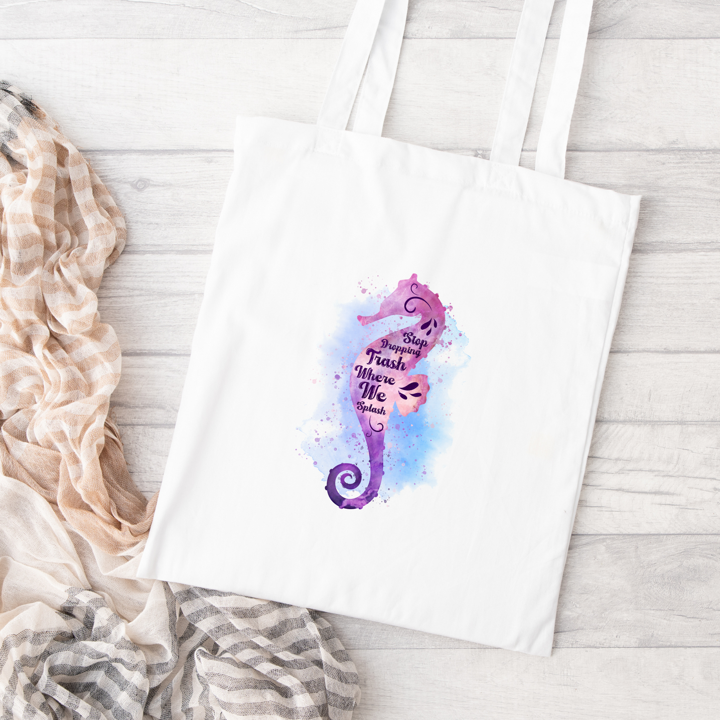 Stop Dropping Trash Where We Splash Tote Bag, Seahorse Tote Bag, Reusable Tote Bag, Beach Tote Bag