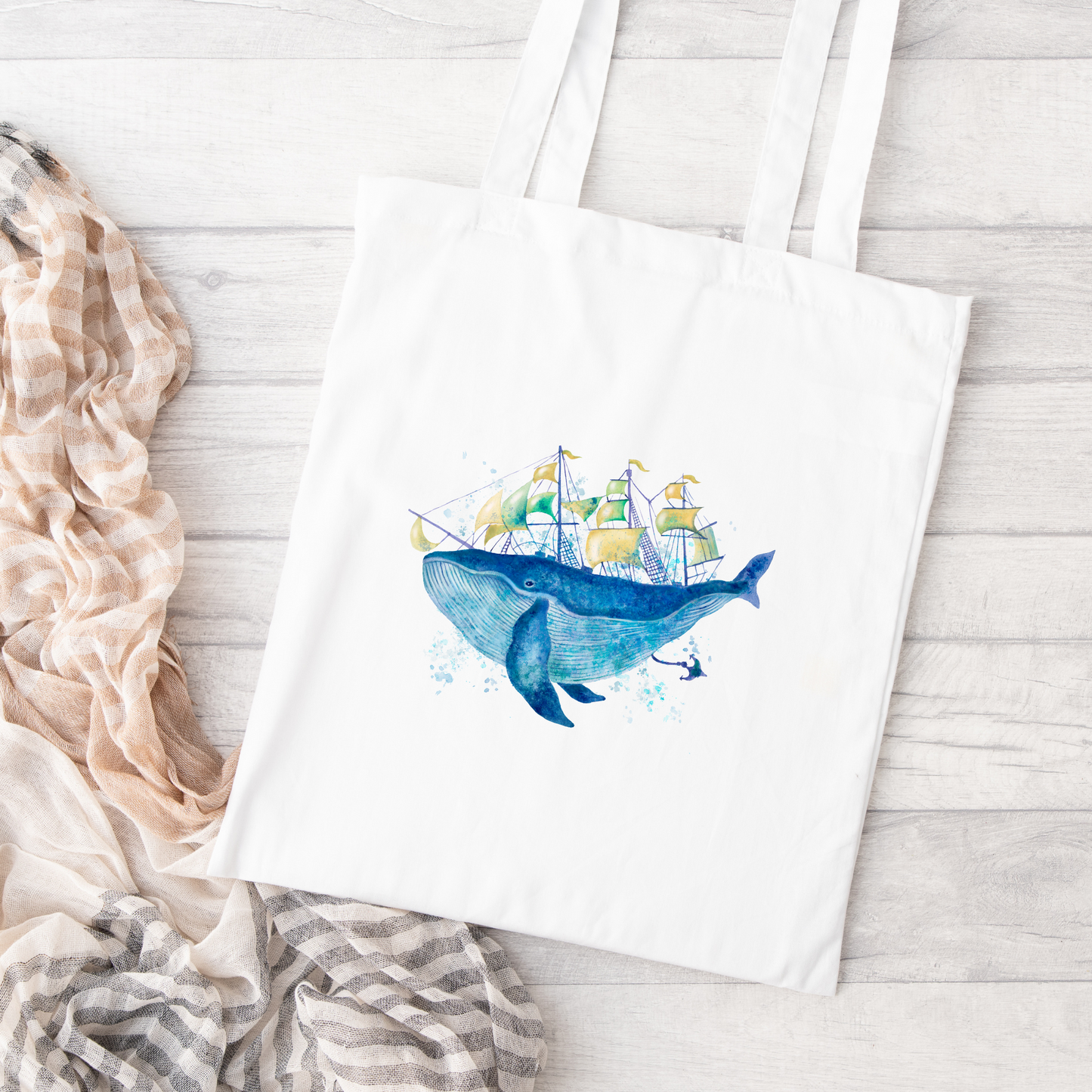 Sailing Whale Canvas Tote Bag, Reusable Canvas Tote, Nautical Tote Bag, Whale Tote Bag