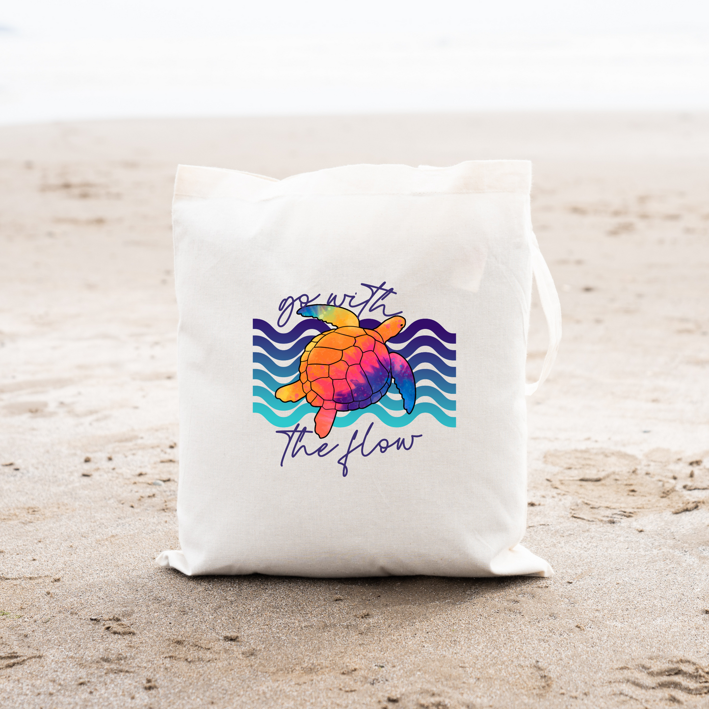 Go With The Flow Sea Turtle Tote Bag, Ocean Tote Bag, Reusable Tote Bag, Sea Turtle Tote Bag