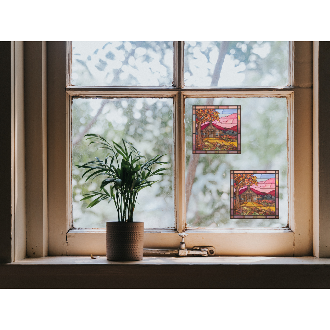 Autumn Barn Landscape Stained Glass Window Cling