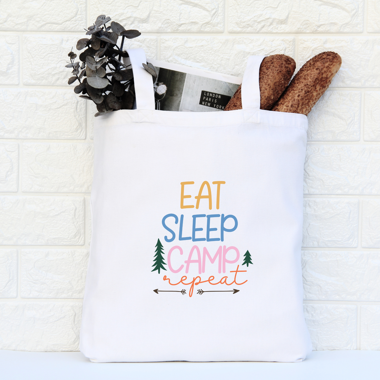 Eat Sleep Camp Repeat Tote Bag, Reusable Canvas Tote