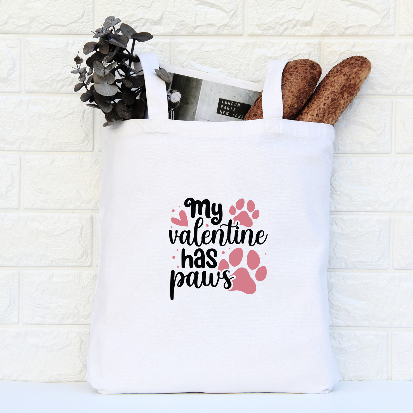 My Valentine Has Paws Tote Bag, Reusable Tote Bag, Valentines Day Tote Bag