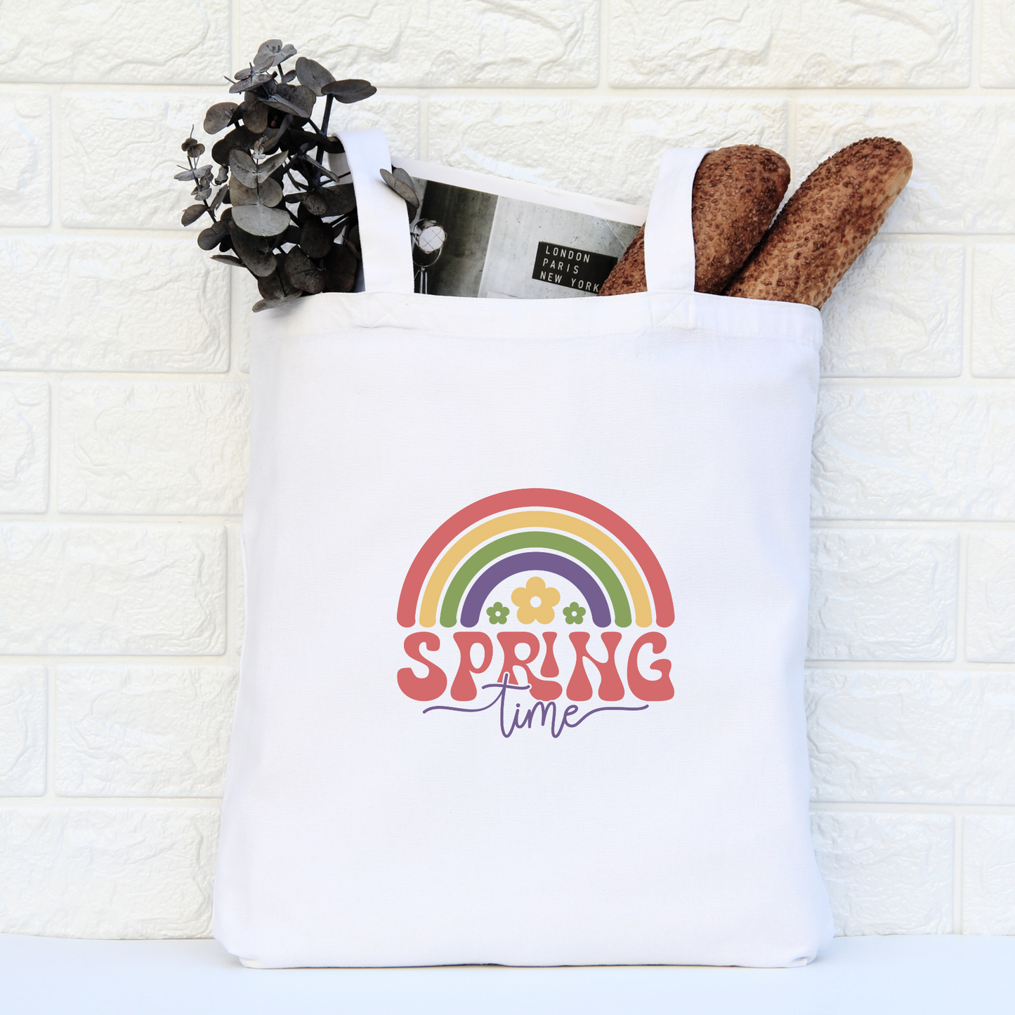 Spring Time Rainbow Tote Bag, Reusable Canvas Tote