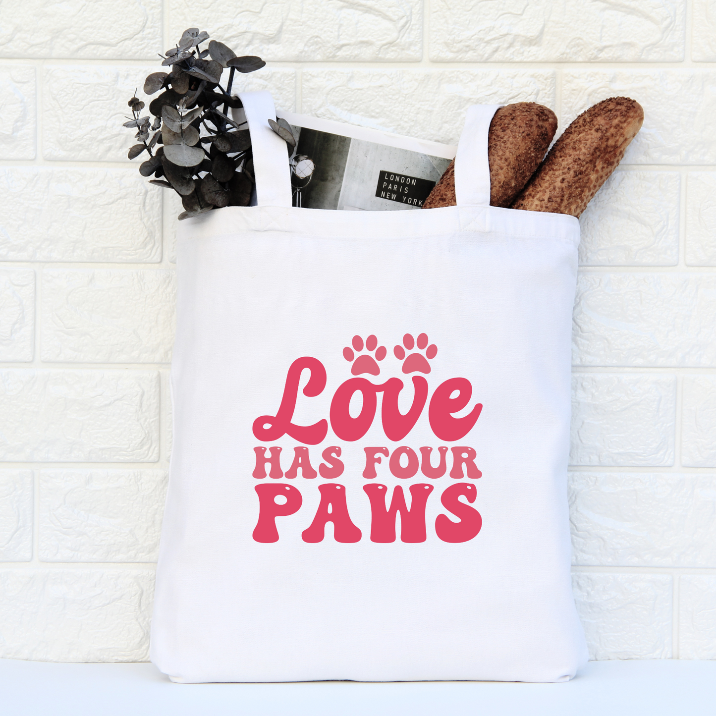 Love Has Four Paws Tote Bag, Reusable Tote Bag, Valentines Day Tote Bag