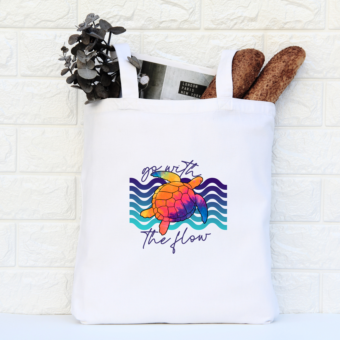 Go With The Flow Sea Turtle Tote Bag, Ocean Tote Bag, Reusable Tote Bag, Sea Turtle Tote Bag