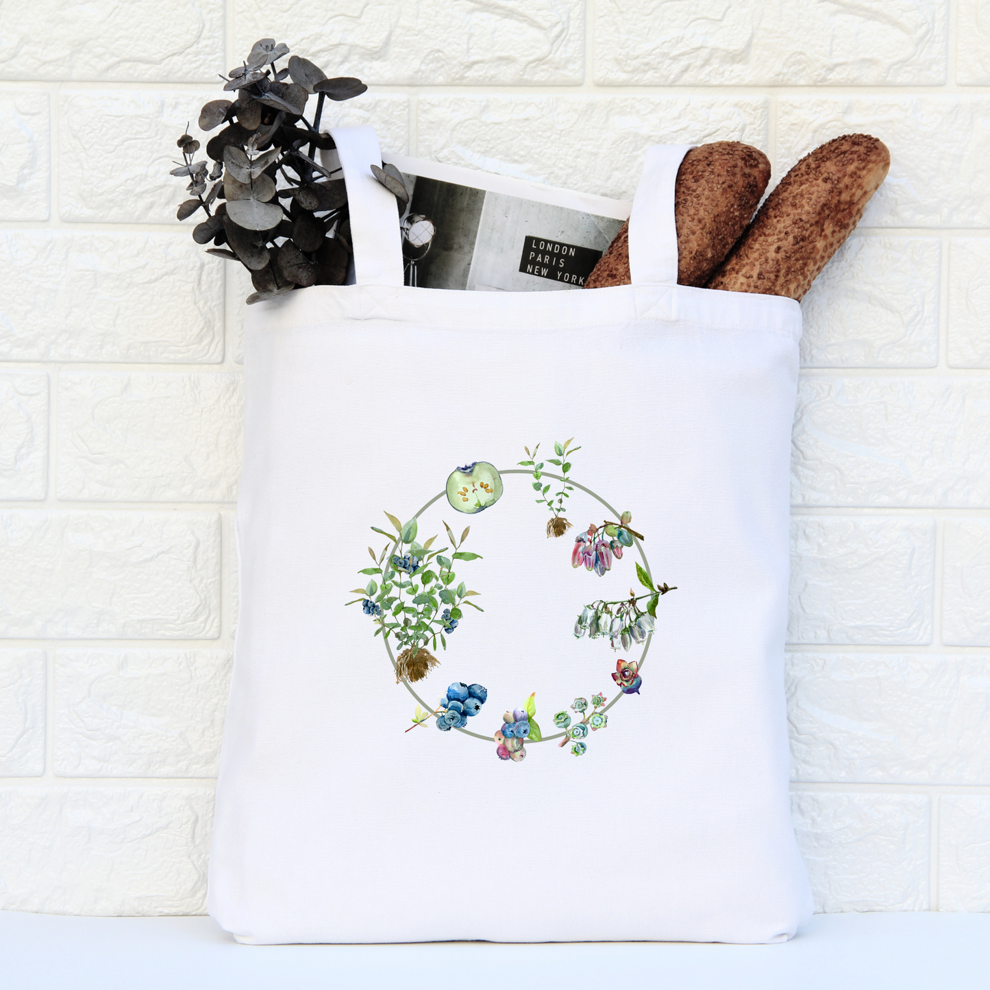 Blueberry Lifecycle Tote Bag, Reusable Canvas Tote