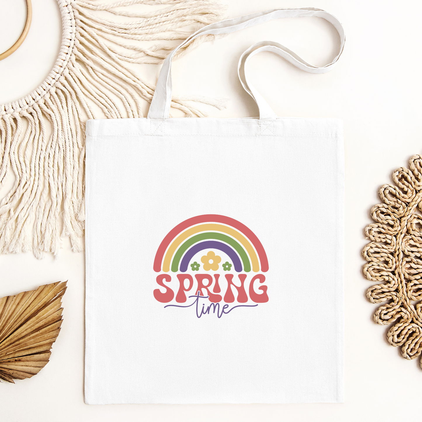 Spring Time Rainbow Tote Bag, Reusable Canvas Tote
