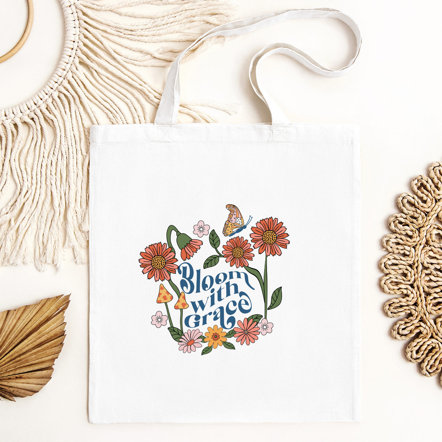 Bloom With Grace Tote Bag, Flower Tote, Floral Tote Bag, Reusable Bag, Motivation Gift Tote Bag