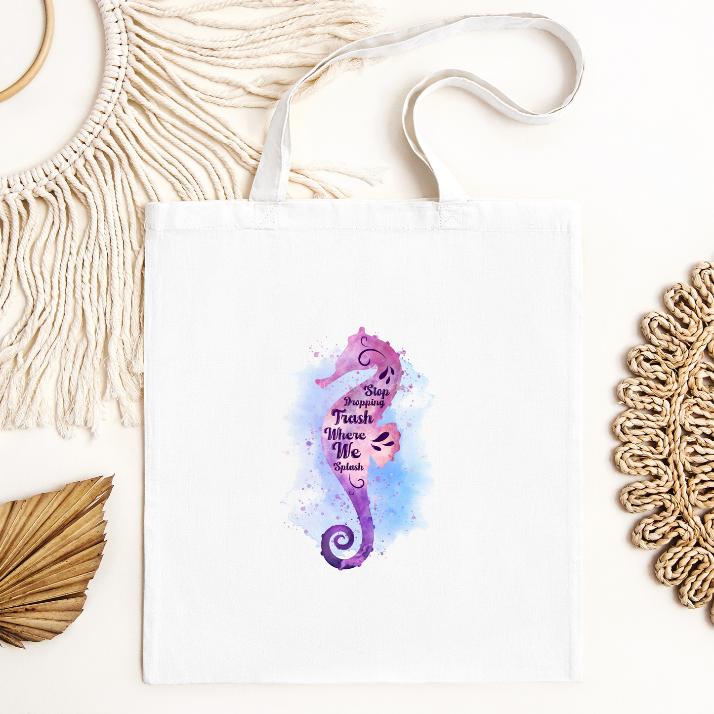 Stop Dropping Trash Where We Splash Tote Bag, Seahorse Tote Bag, Reusable Tote Bag, Beach Tote Bag