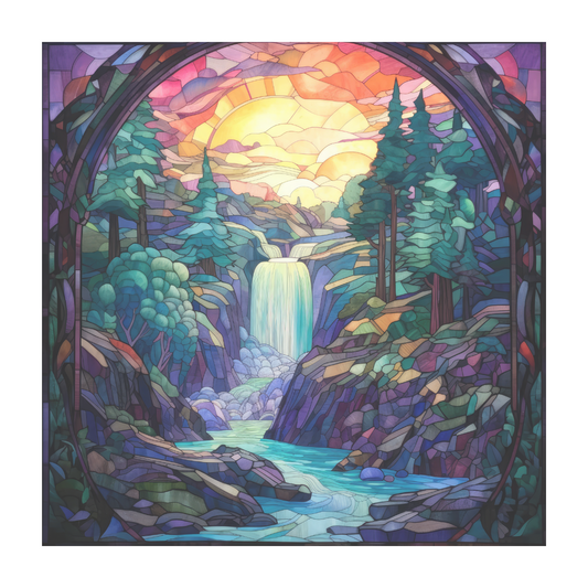 Forest Waterfall Stained Glass Window Cling