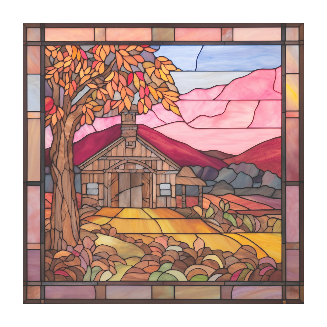 Autumn Barn Landscape Stained Glass Window Cling