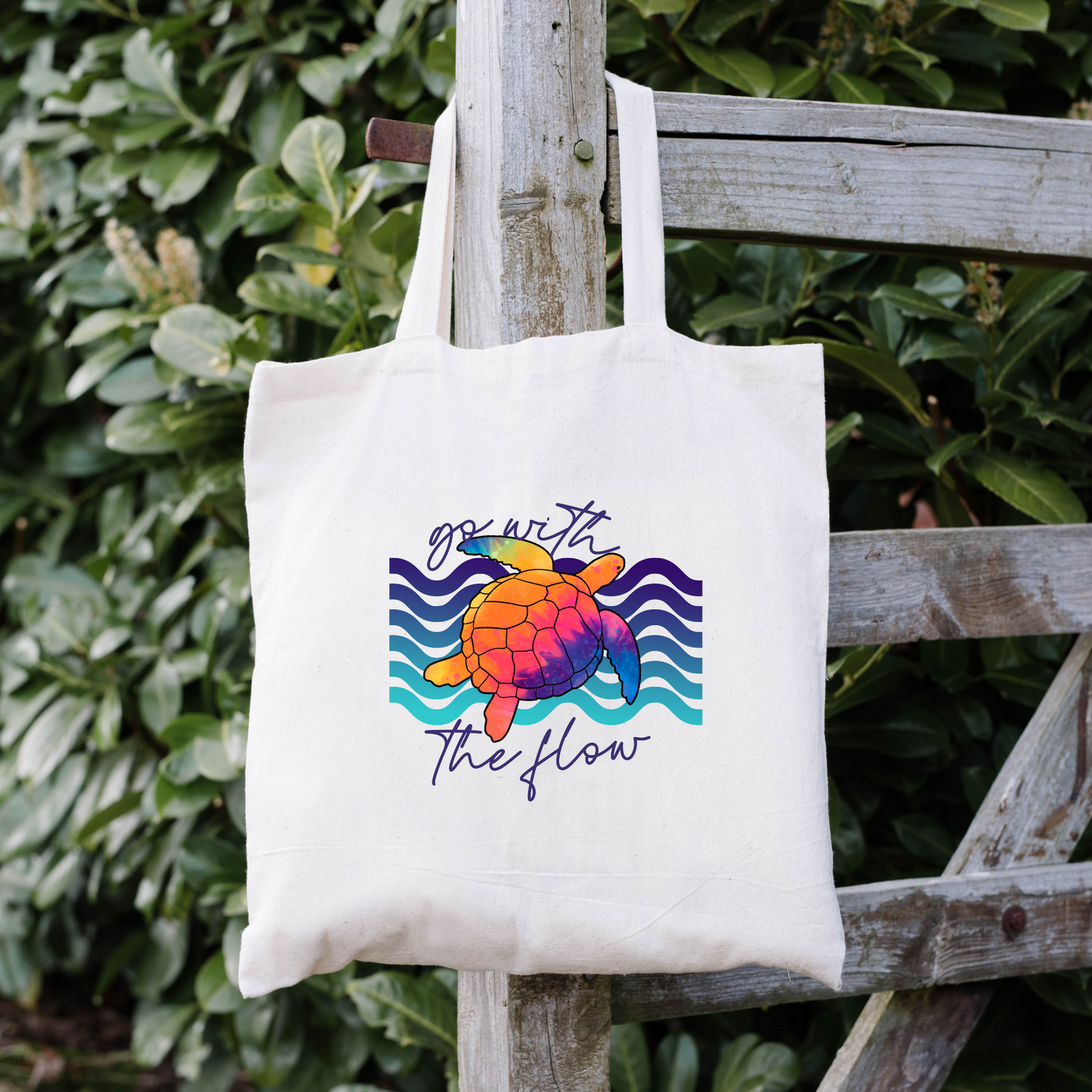 Go With The Flow Sea Turtle Tote Bag, Ocean Tote Bag, Reusable Tote Bag, Sea Turtle Tote Bag