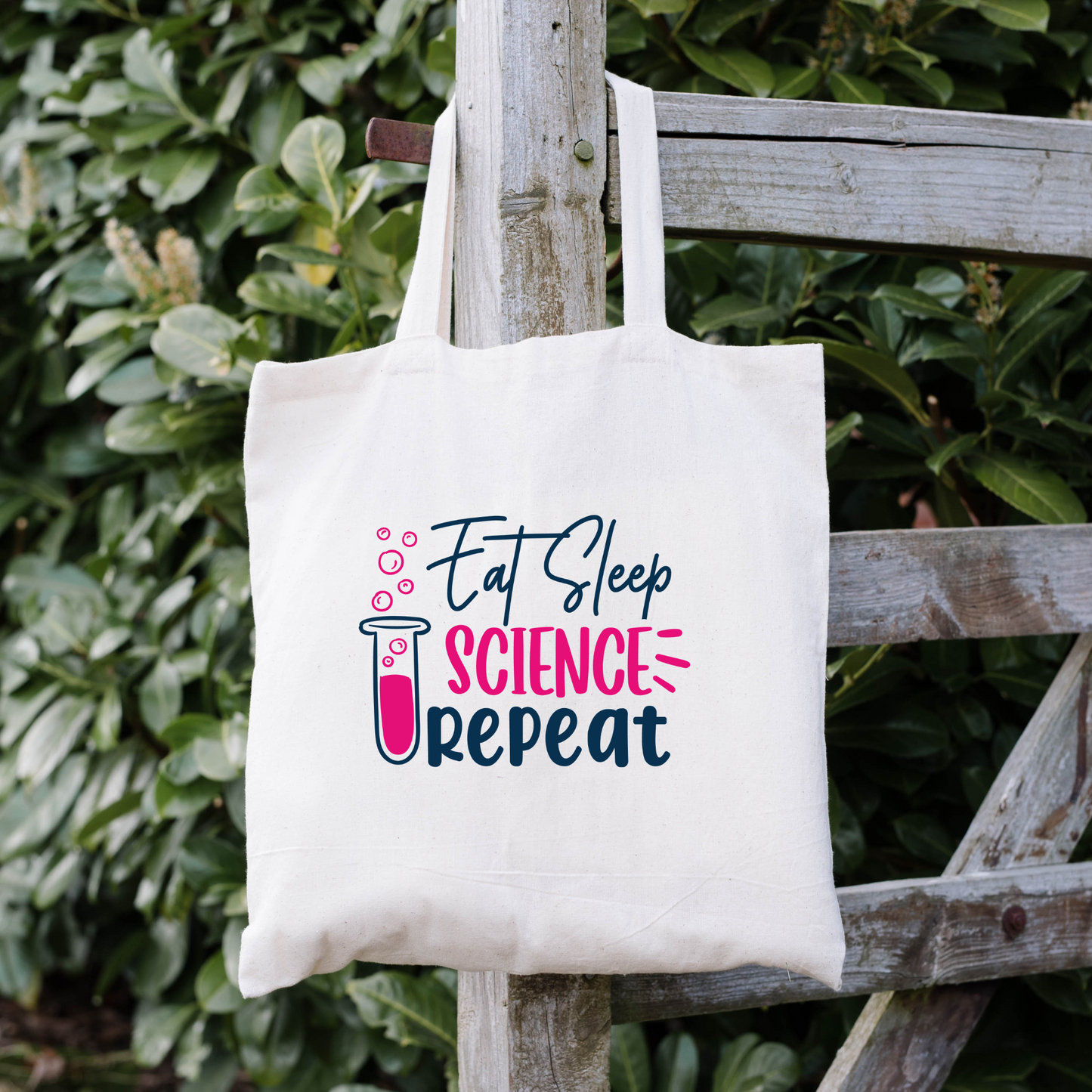 Eat Sleep Science Repeat Tote Bag, Reusable Canvas Tote