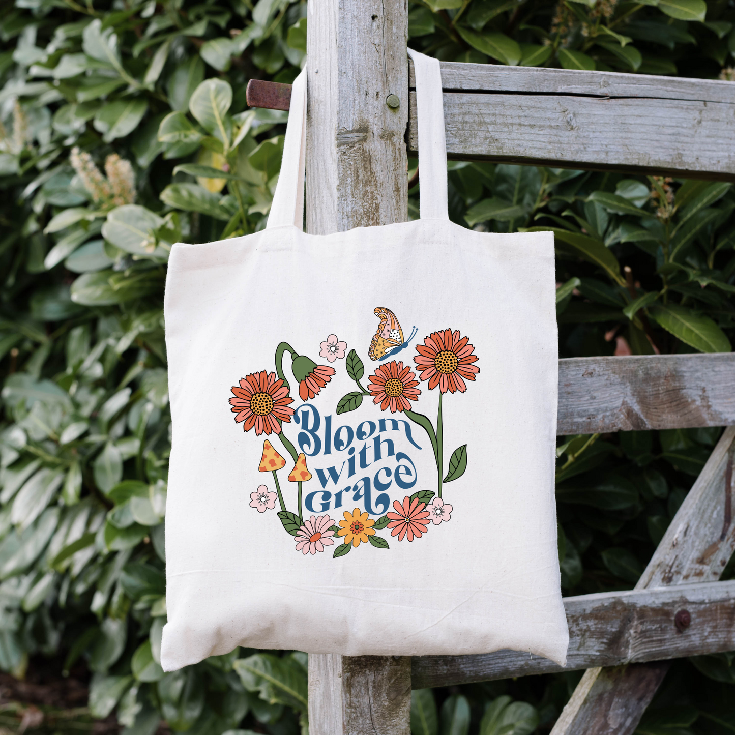 Bloom With Grace Tote Bag, Flower Tote, Floral Tote Bag, Reusable Bag, Motivation Gift Tote Bag
