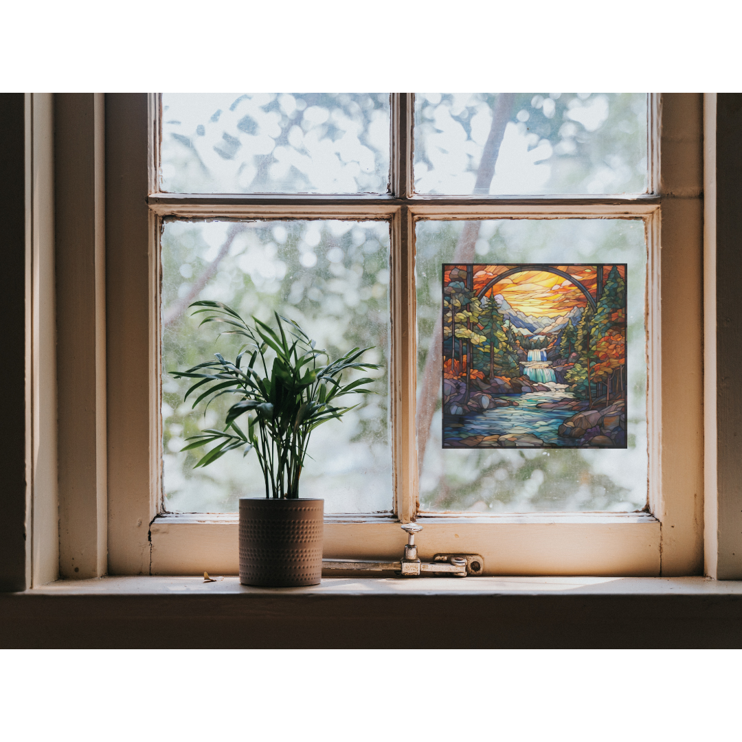 Forest Waterfall Stained Glass Window Cling