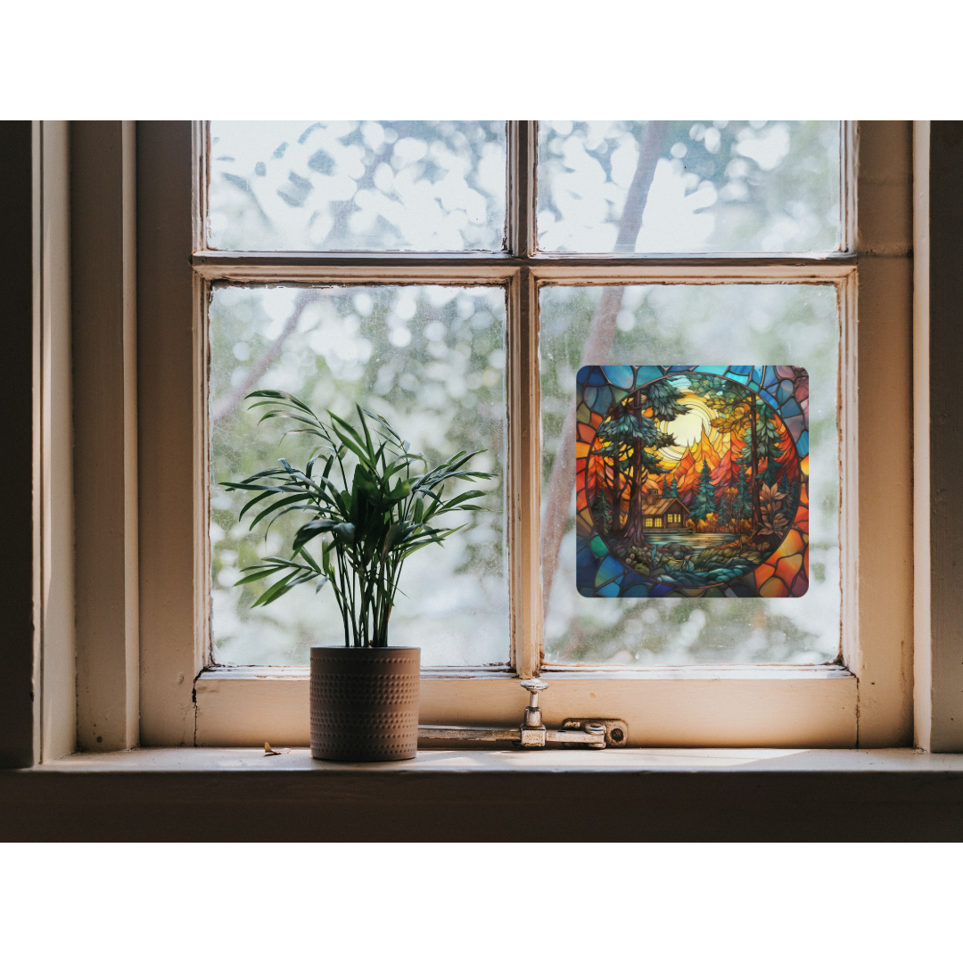 Cabin In the Forest Stained Glass Window Cling