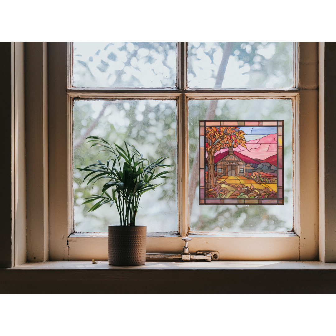 Autumn Barn Landscape Stained Glass Window Cling