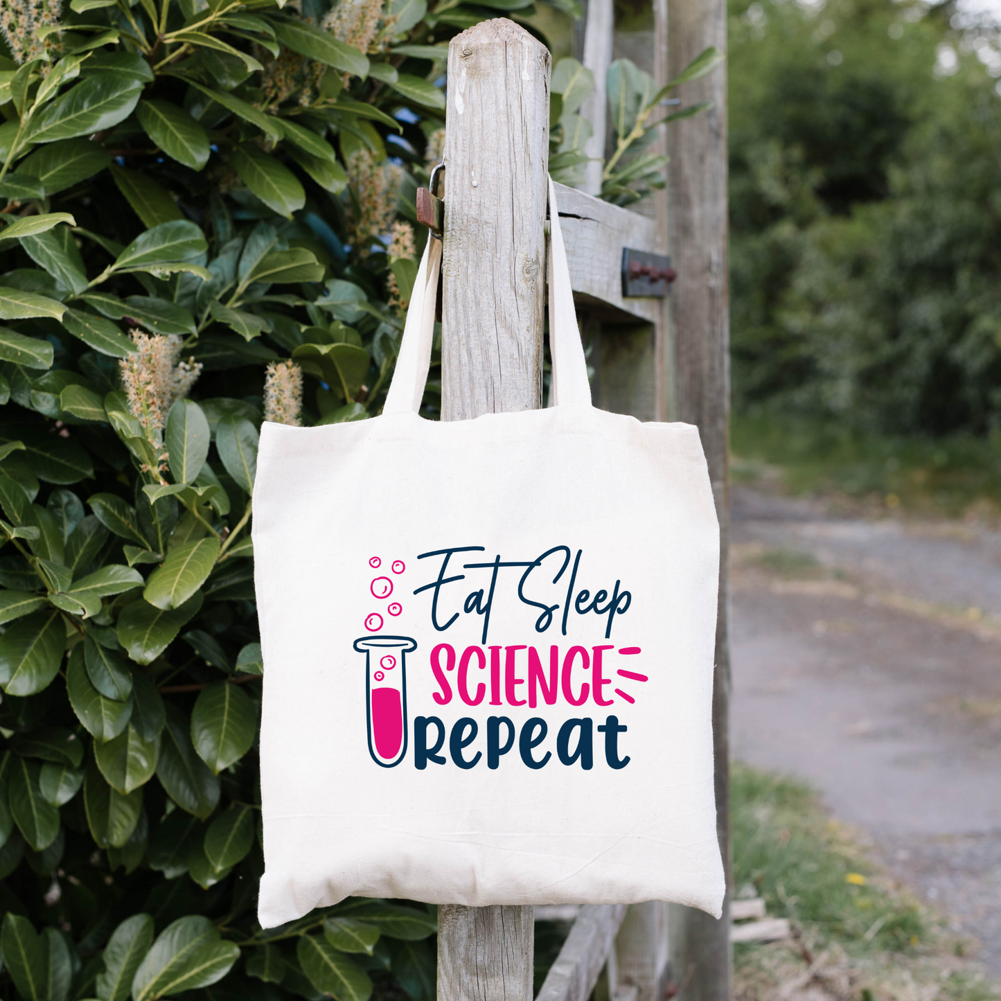 Eat Sleep Science Repeat Tote Bag, Reusable Canvas Tote