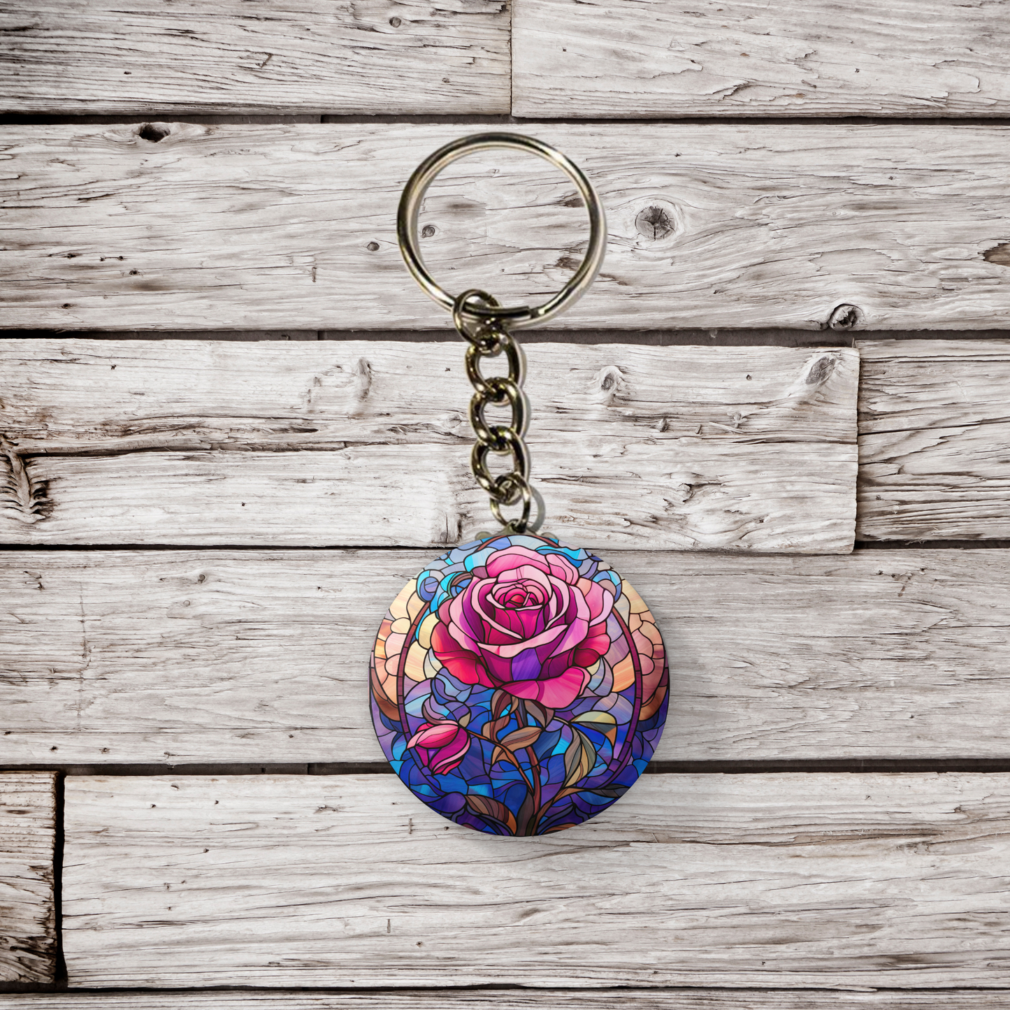 Stained Glass Rose Pin Back Button, Magnet, Keychain