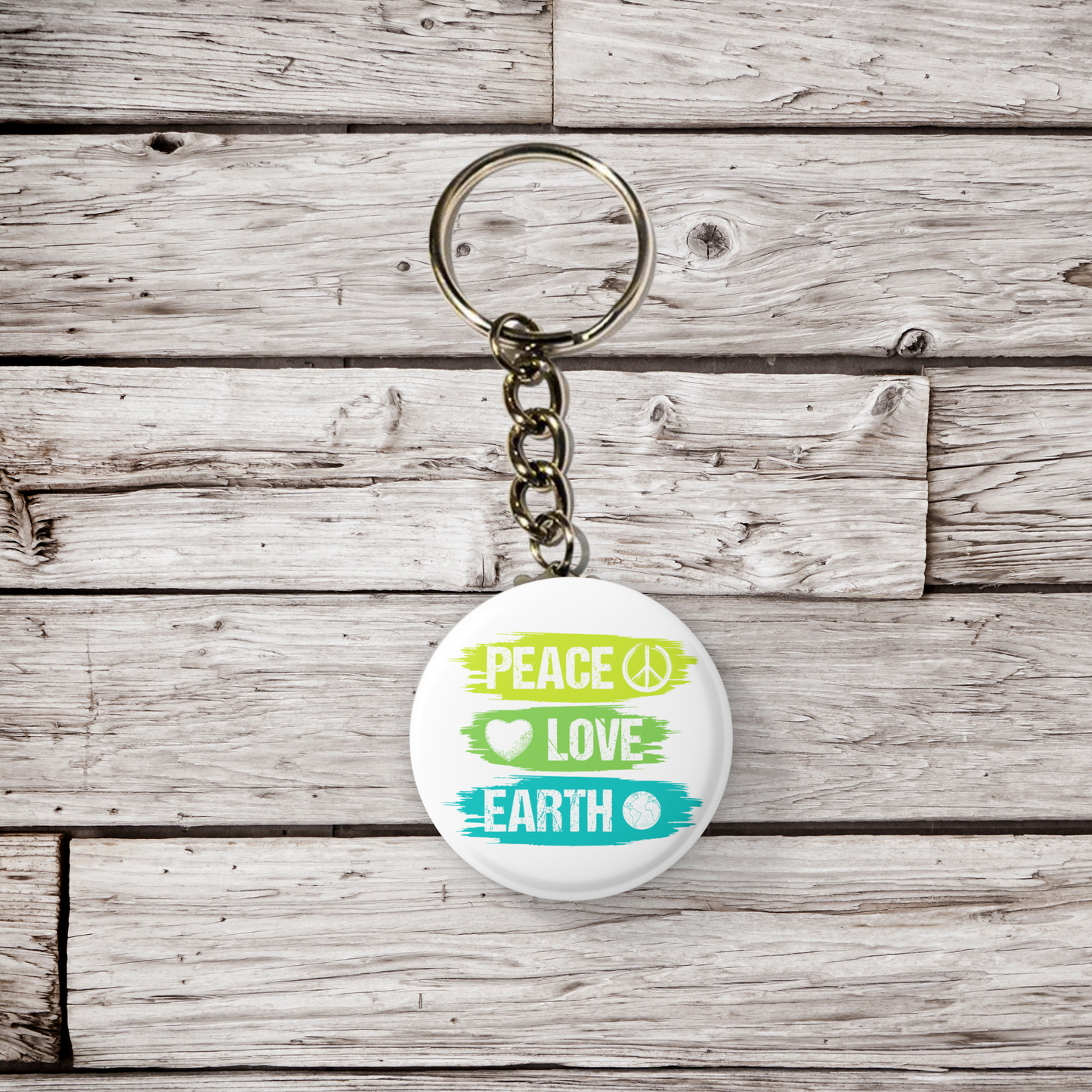Peace Love Earth Pin Back Button, Magnet, Keychain