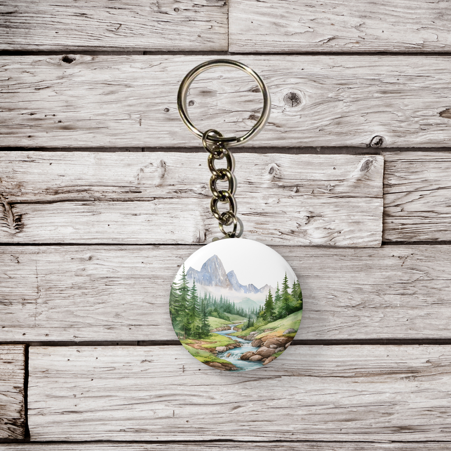 Mountain River 1 Pin Back Button, Magnet, Keychain