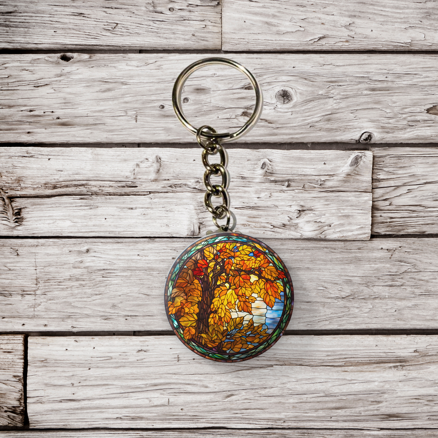 Stained Glass Fall Tree Pin Back Button, Magnet, Keychain