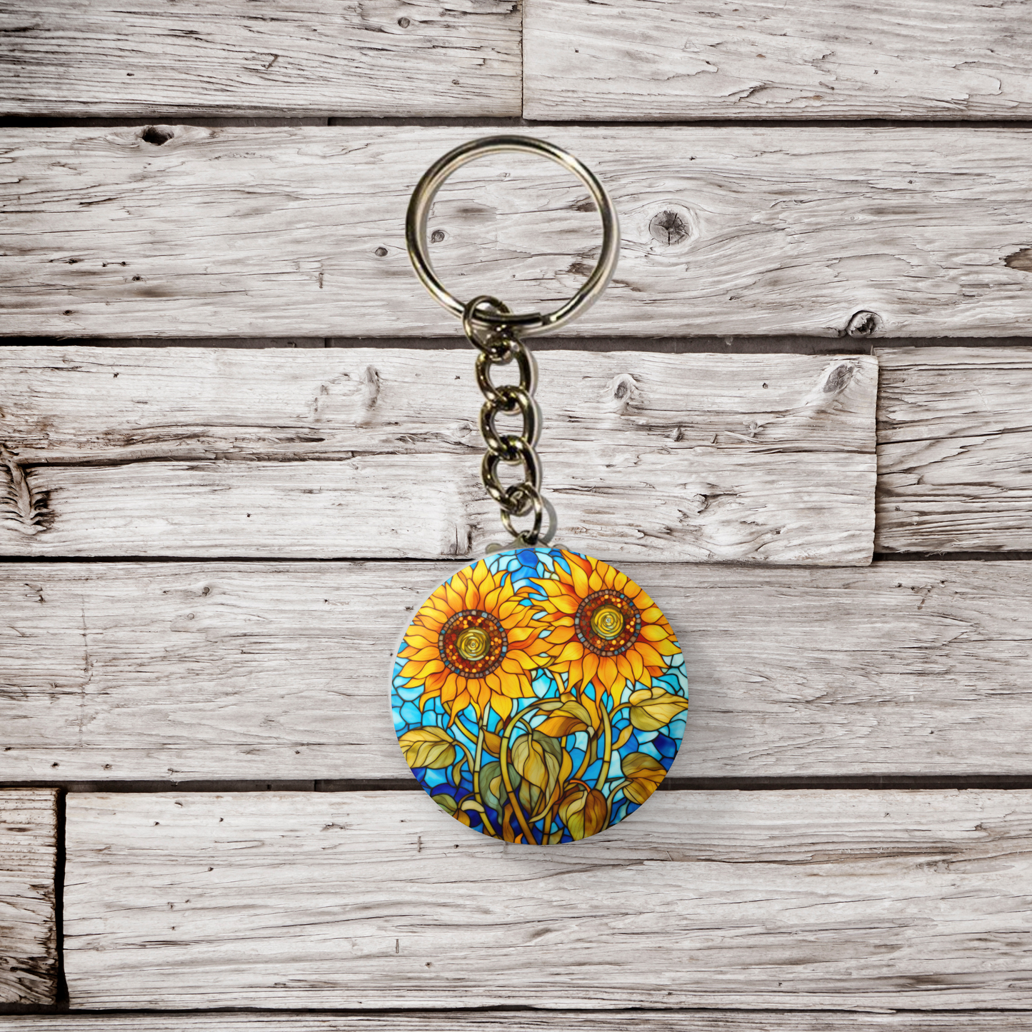 Stained Glass Sunflower Pin Back Button, Magnet, Keychain