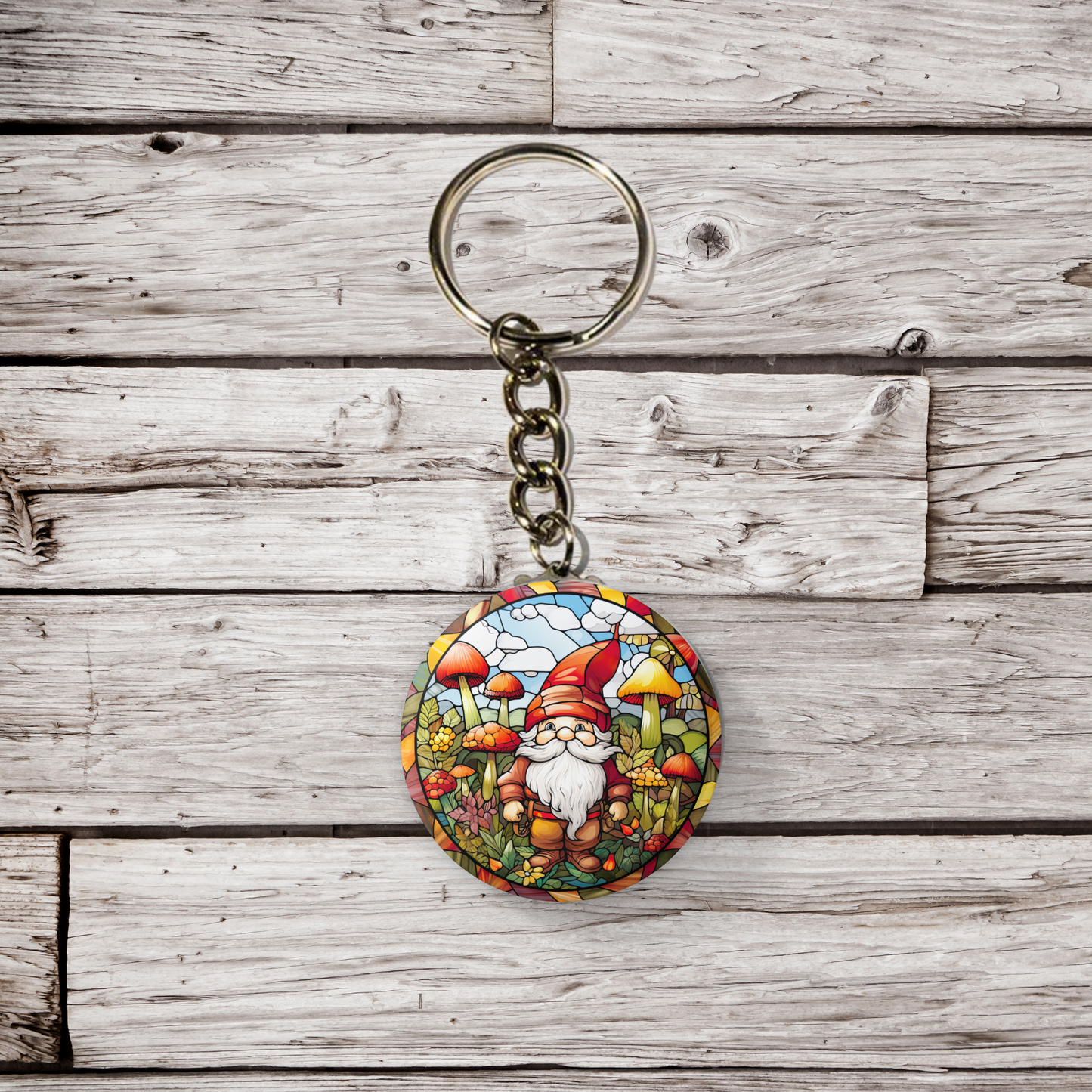 Stained Glass Gnome Pin Back Button, Magnet, Keychain