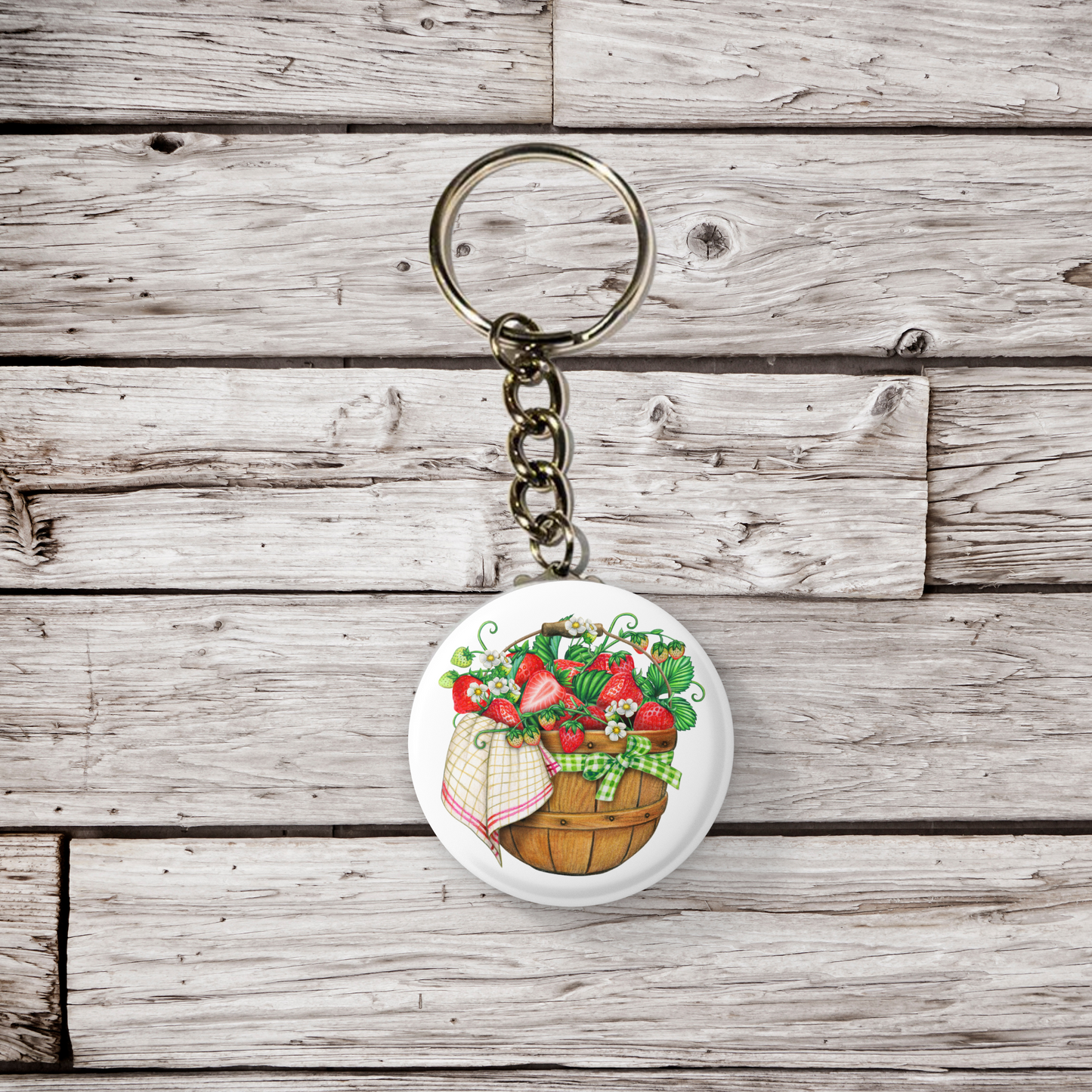 Strawberry Basket Pin Back Button, Magnet, Keychain