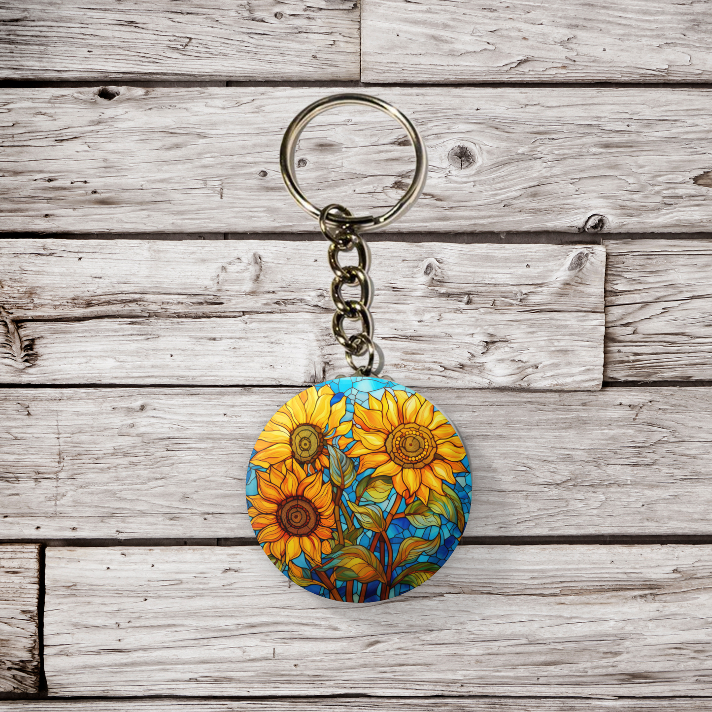 Stained Glass Sunflower Pin Back Button, Magnet, Keychain