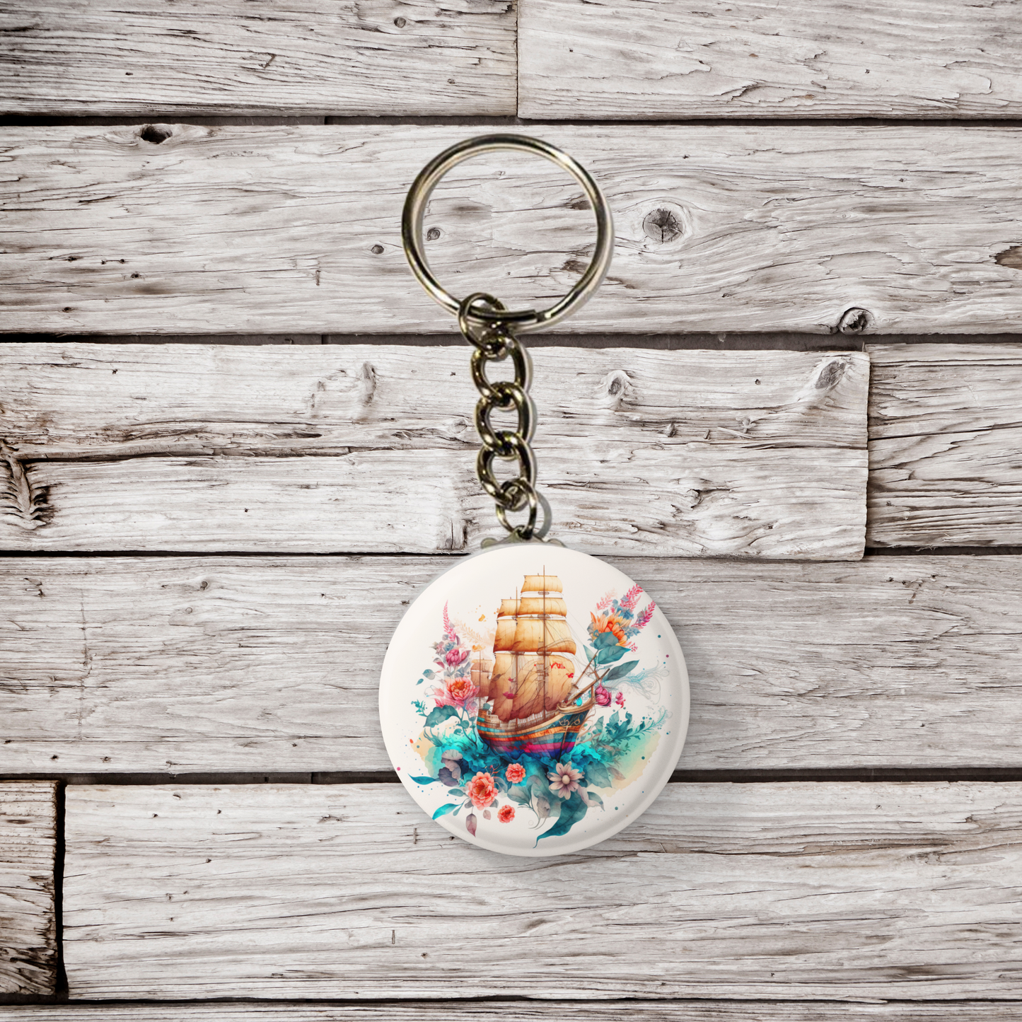 Floral Pirate Ship Pin Back Button, Magnet, Keychain