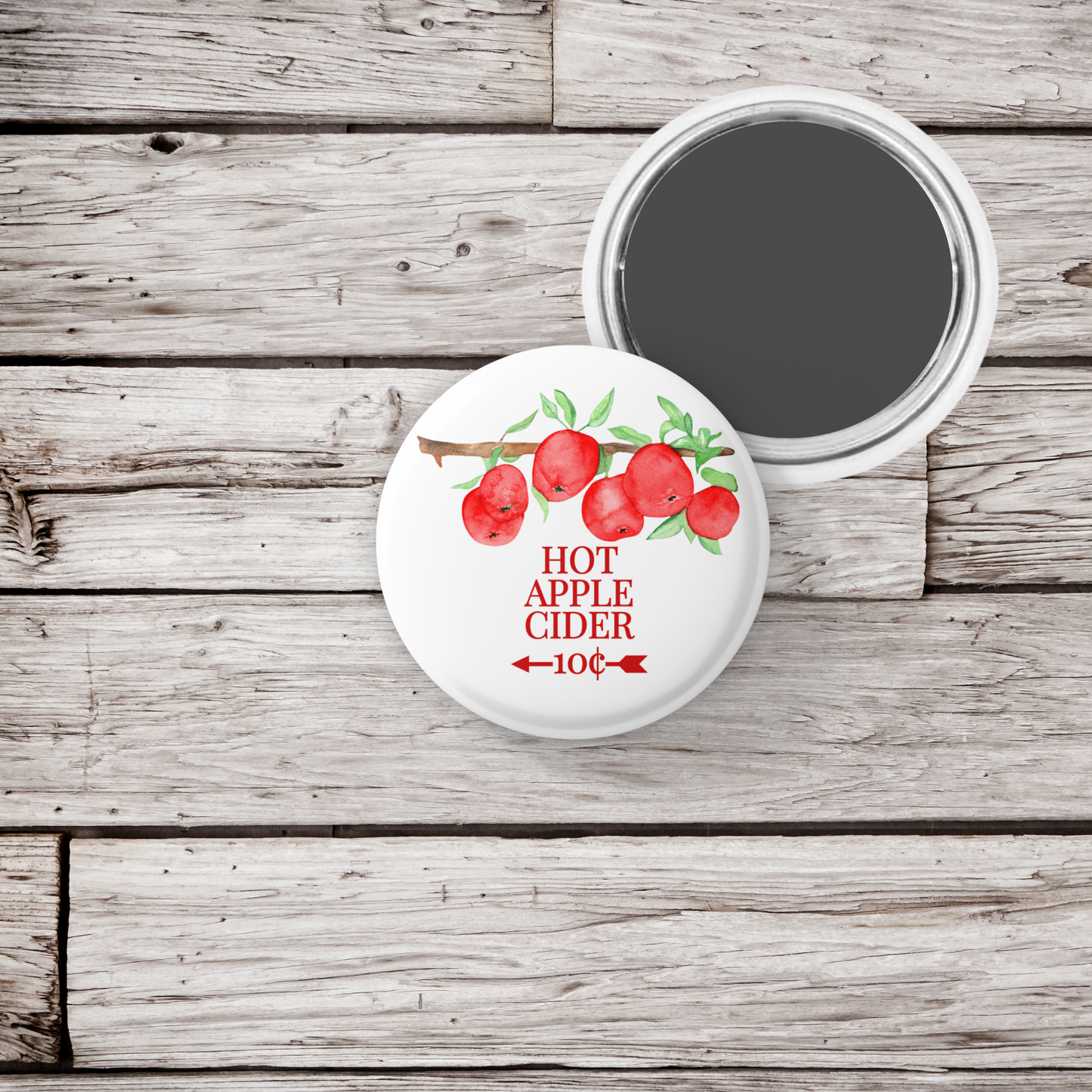 Hot Apple Cider Pin Back Button, Magnet, Keychain