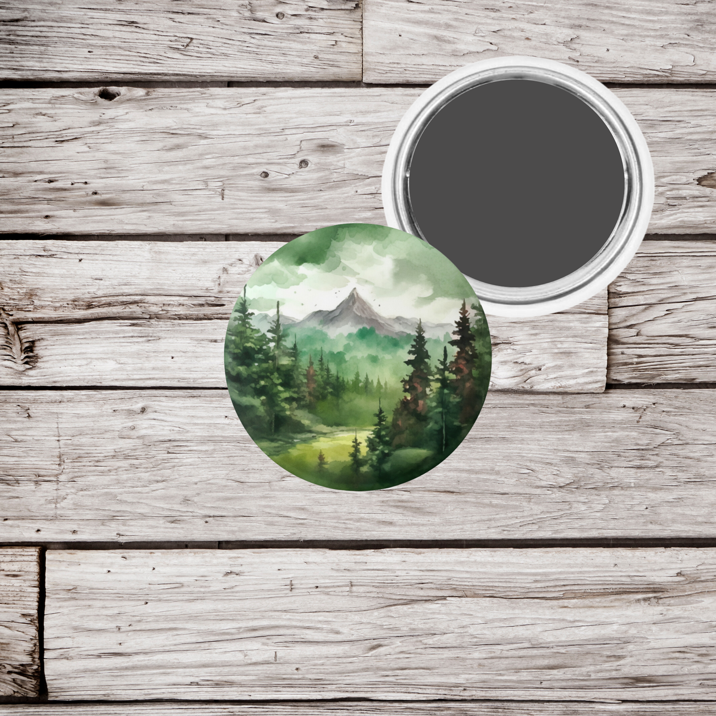 Green Forest Mountain Pin Back Button, Magnet, Keychain
