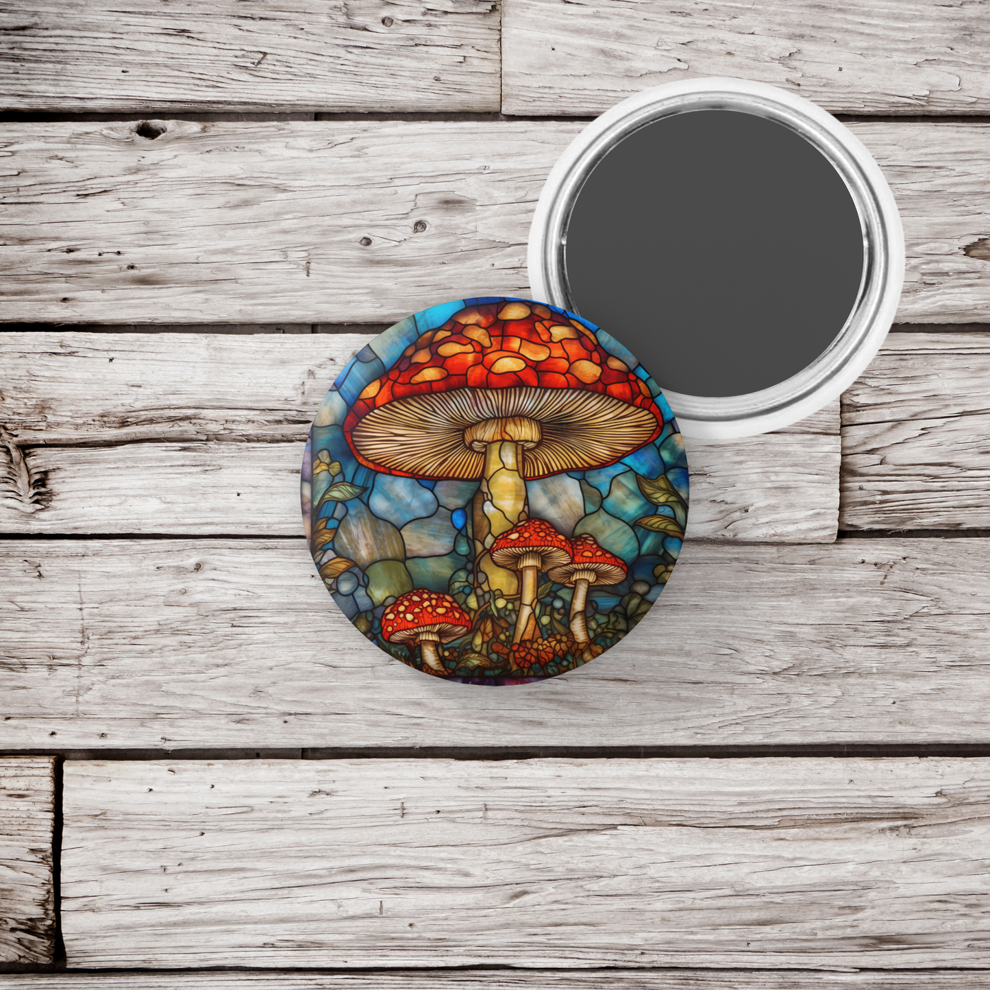 Stained Glass Mushroom Pin Back Button, Magnet, Keychain