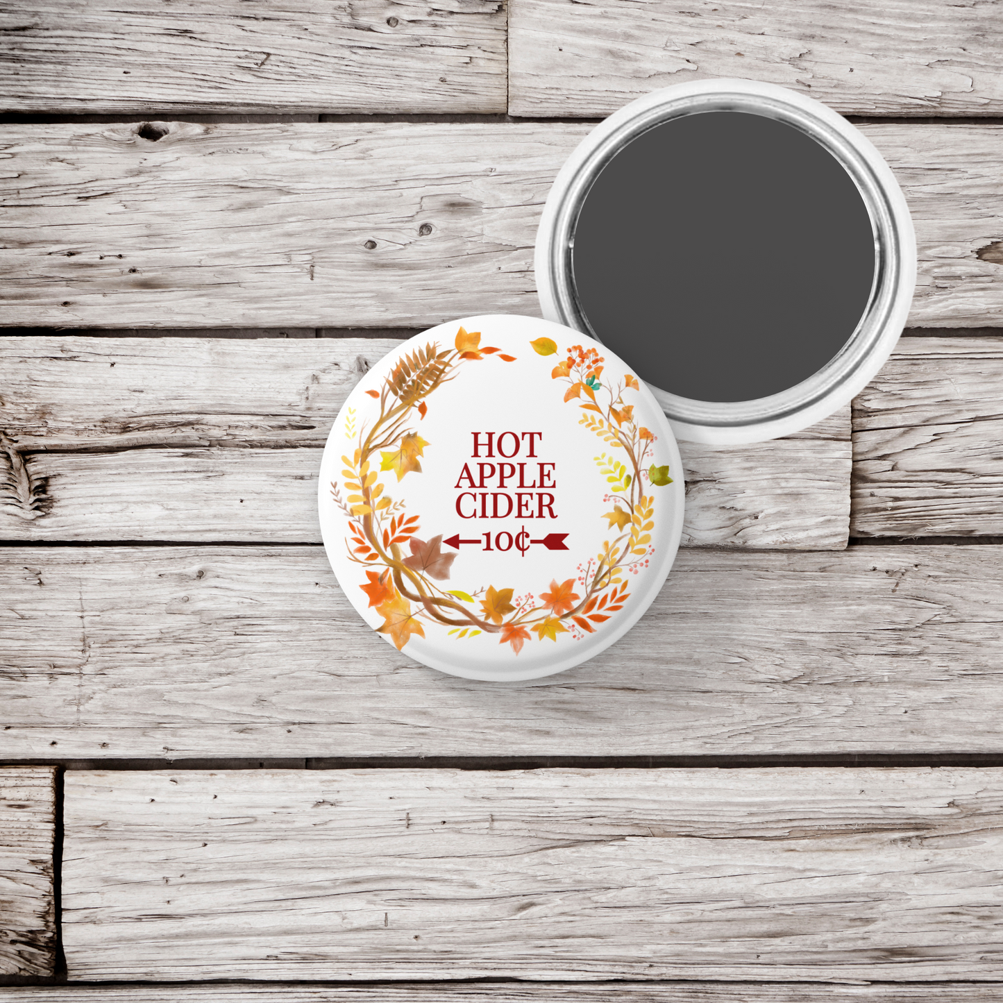 Hot Apple Cider Pin Back Button, Magnet, Keychain