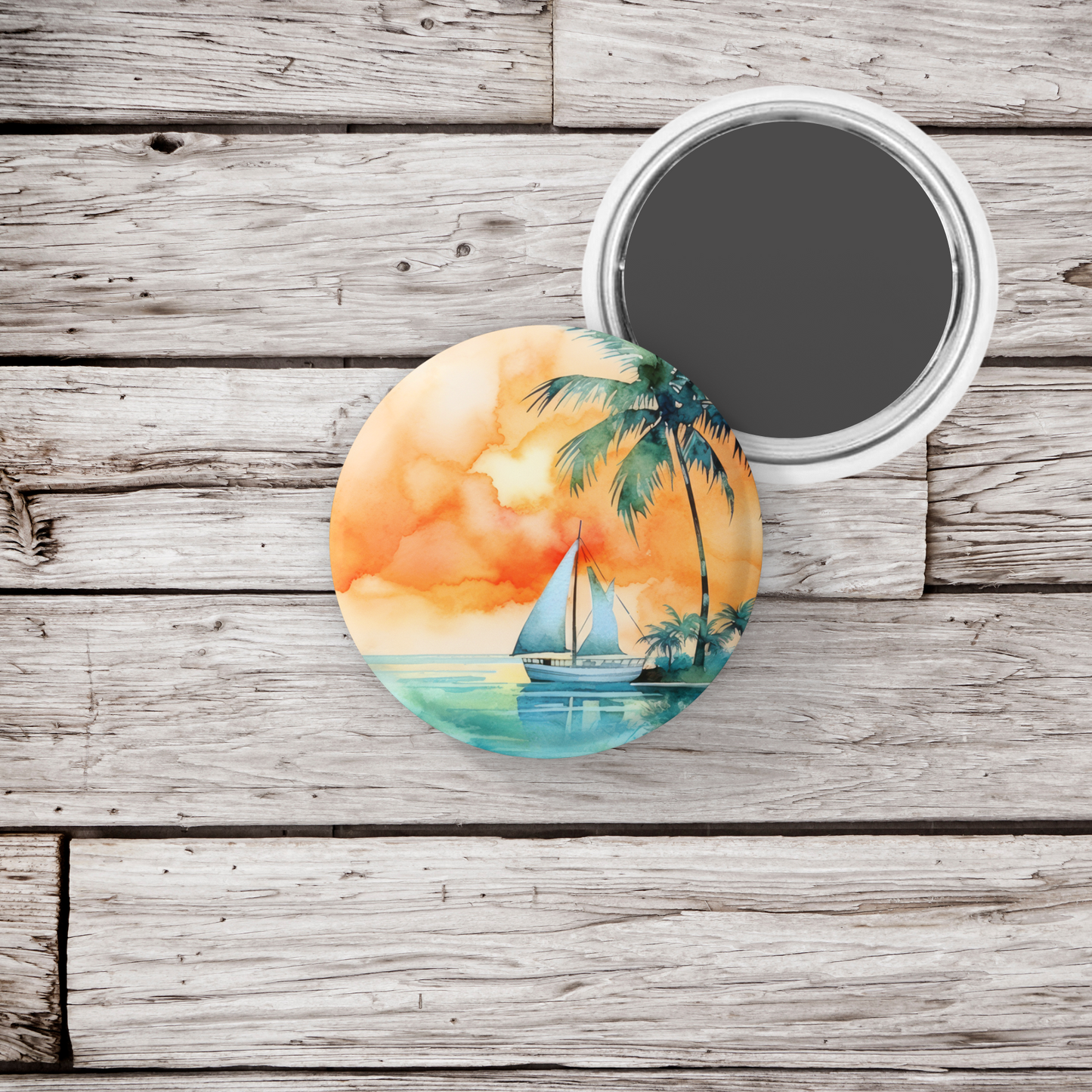 Ocean Sail Boat Pin Back Button, Magnet, Keychain