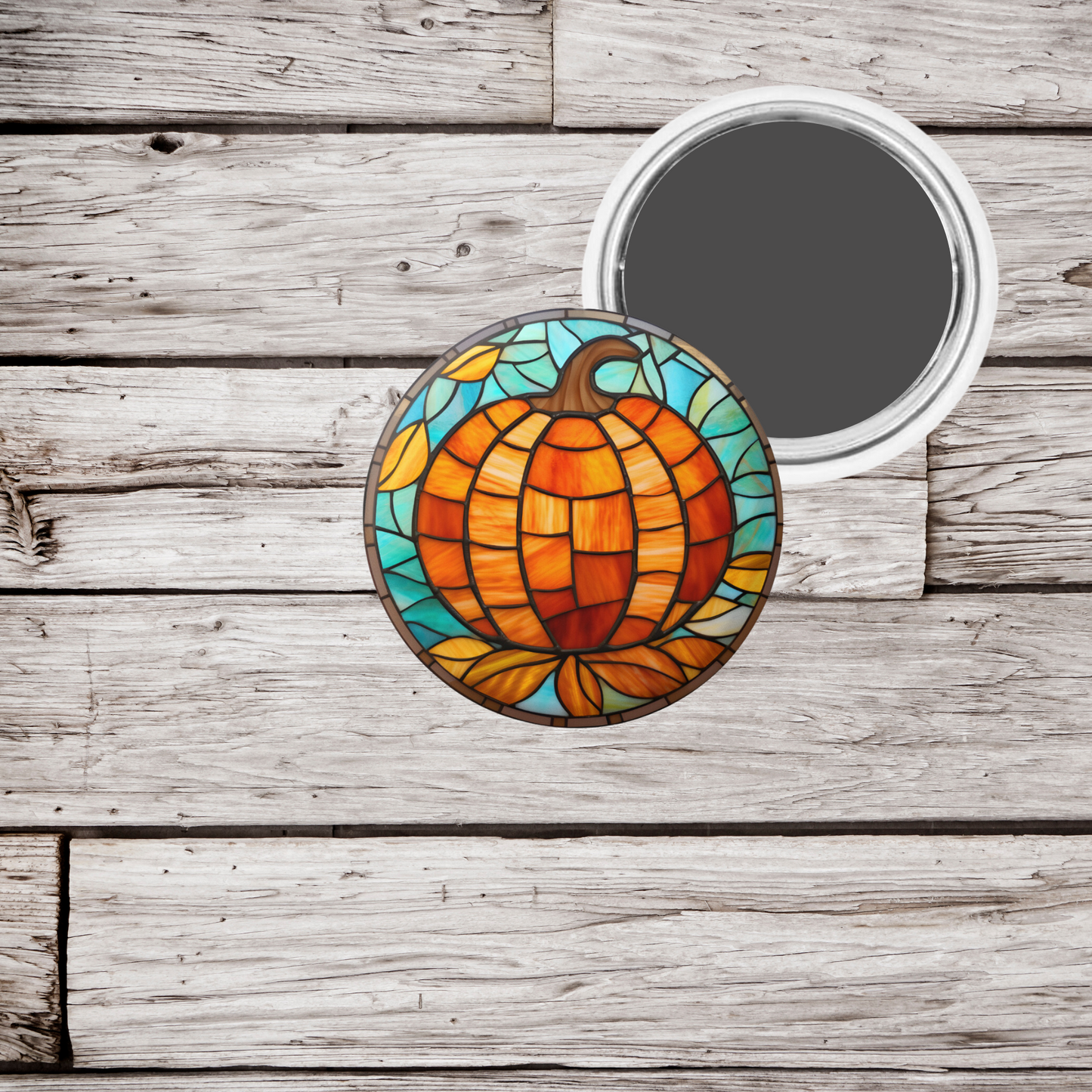 Stained Glass Pumpkin Pin Back Button, Magnet, Keychain