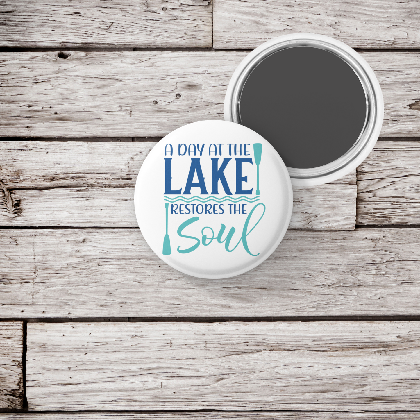 A Day At The Lake Pin Back Button, Magnet, Keychain