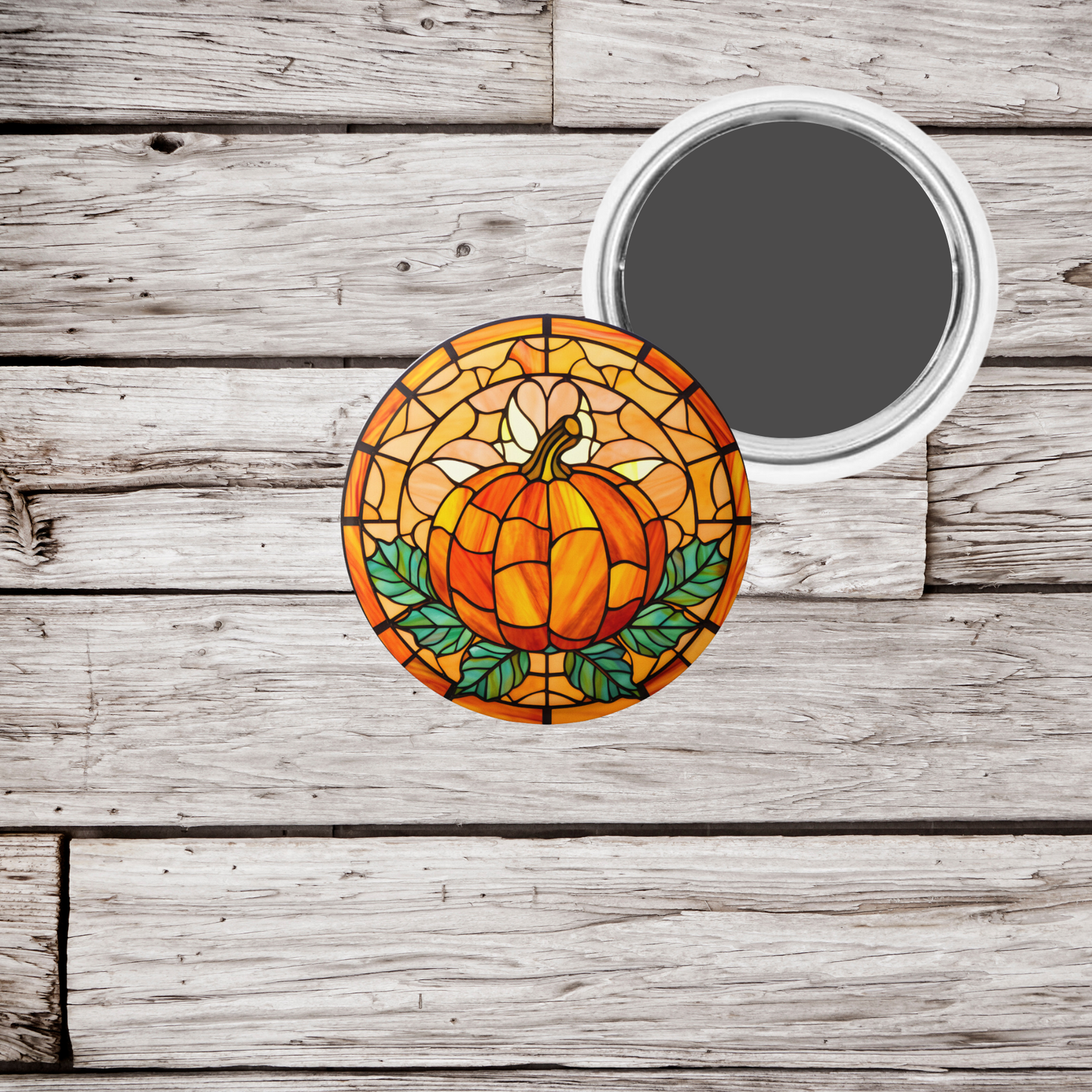 Stained Glass Pumpkin Pin Back Button, Magnet, Keychain