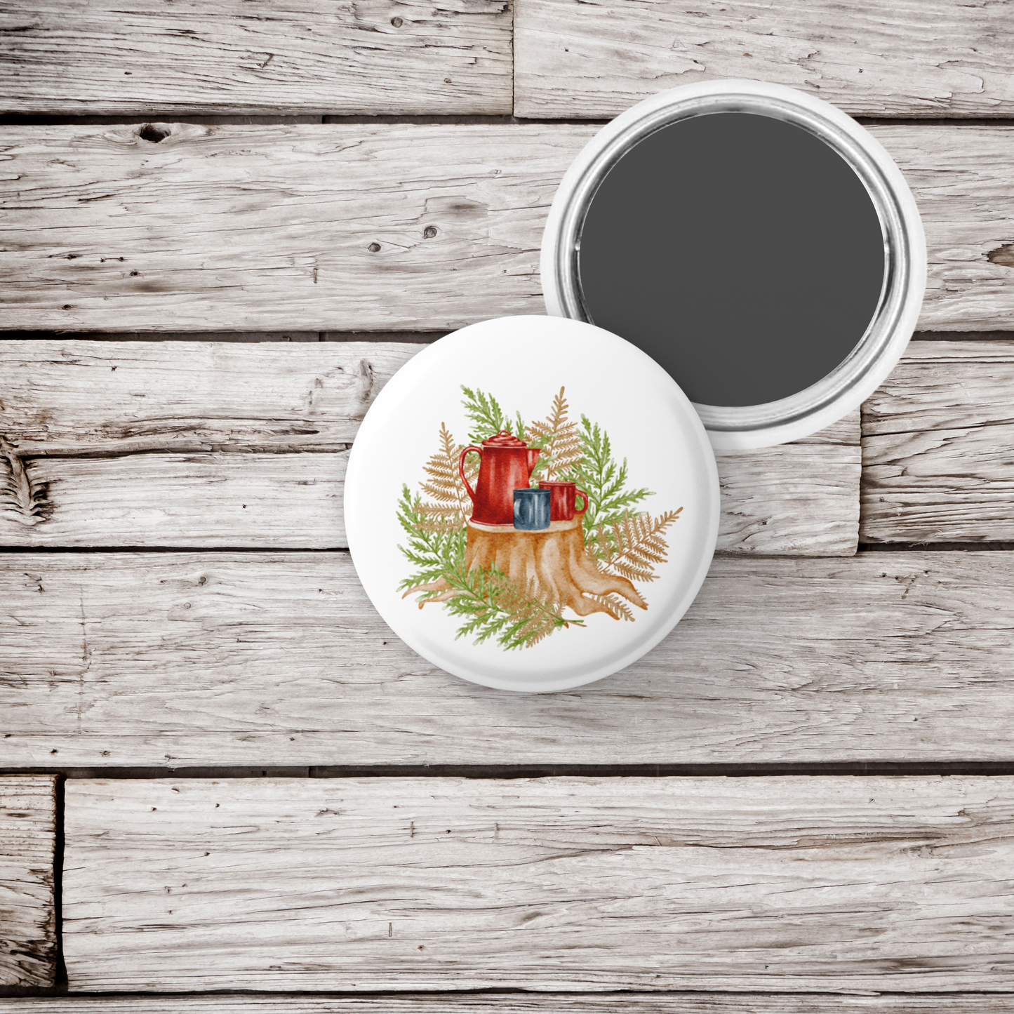 Camp Coffee Pin Back Button, Magnet, Keychain