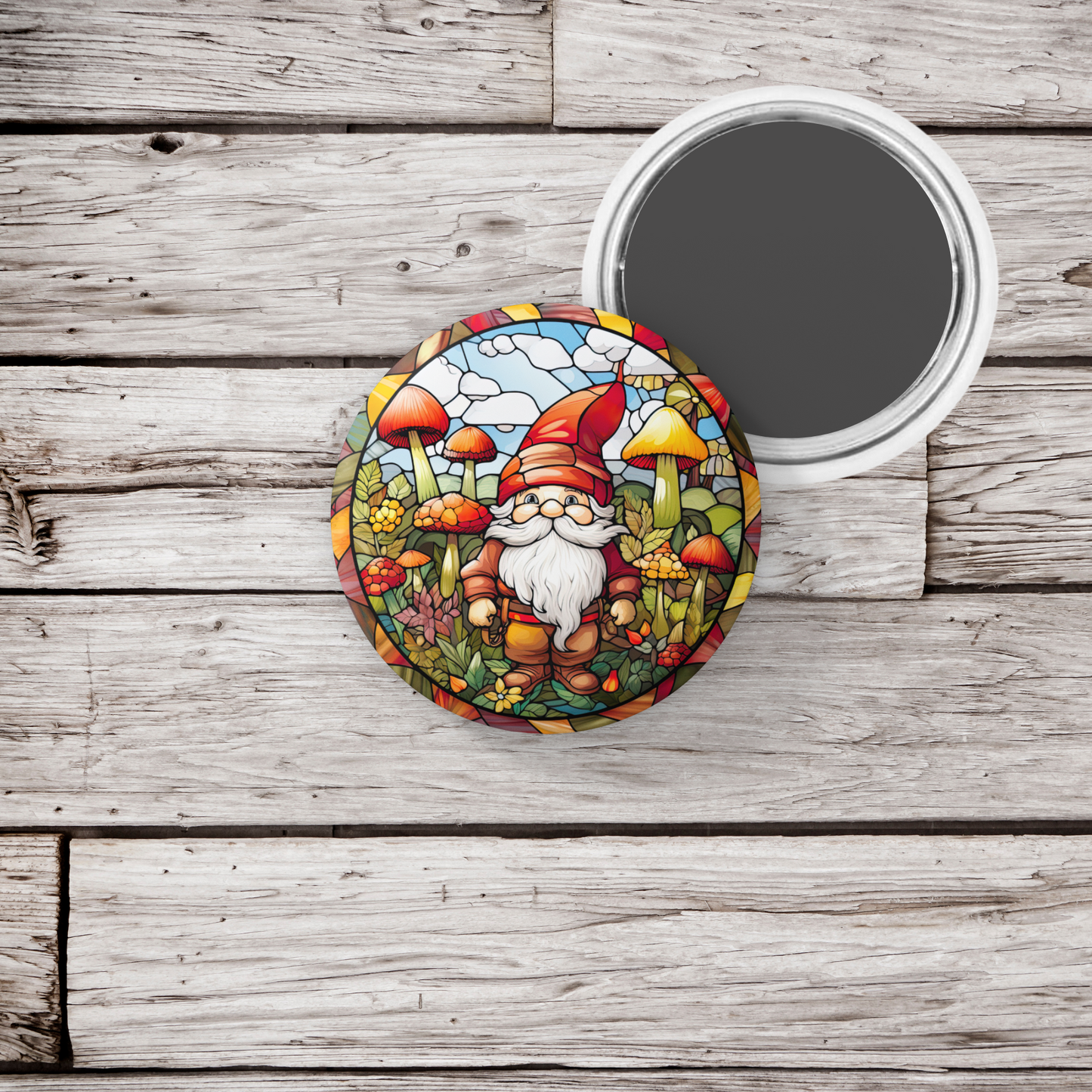 Stained Glass Gnome Pin Back Button, Magnet, Keychain