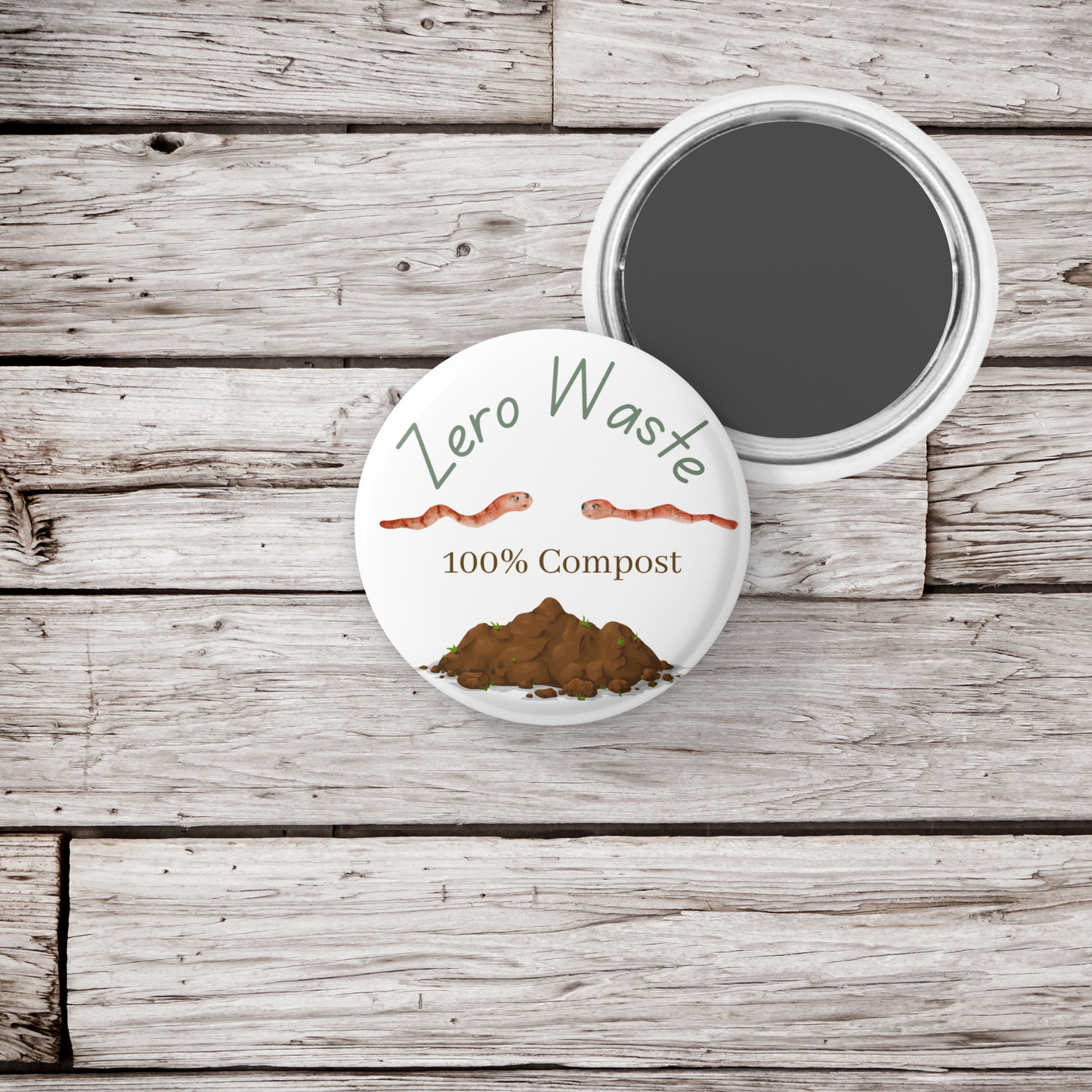 Zero Waste 100% Compost Pin Back Button, Magnet, Keychain