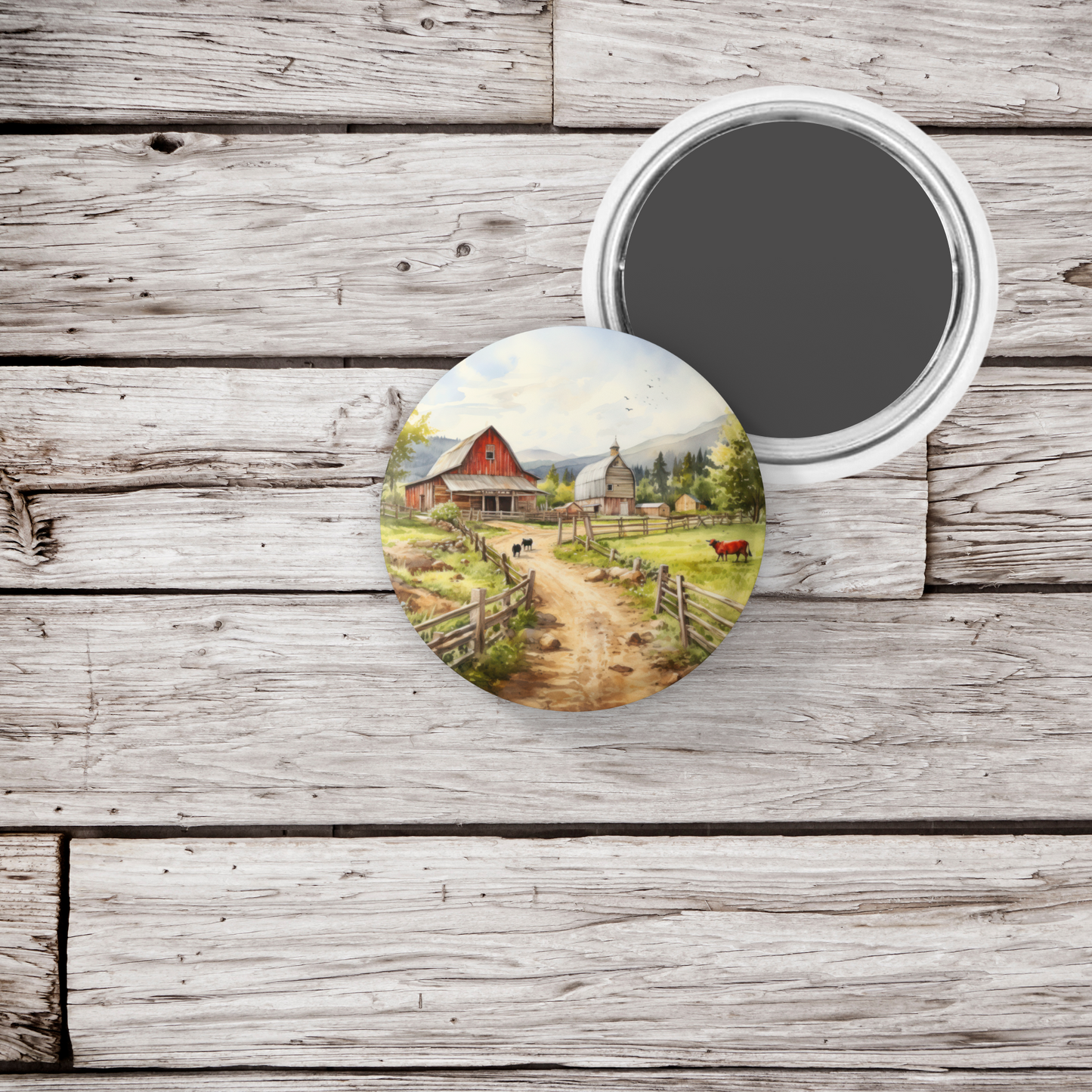 Farm Landscape 1 Pin Back Button, Magnet, Keychain