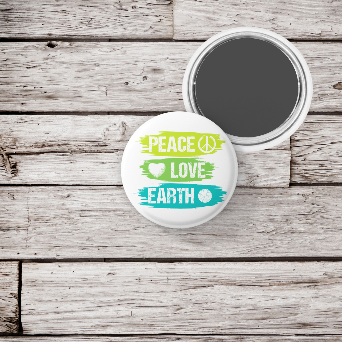 Peace Love Earth Pin Back Button, Magnet, Keychain