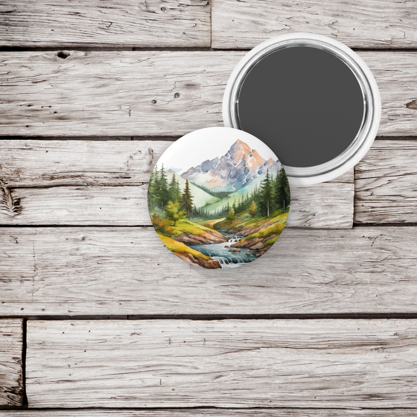 Mountain River 2 Pin Back Button, Magnet, Keychain