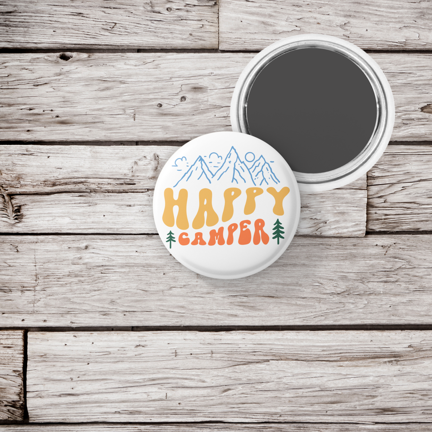 Happy Camper Pin Back Button, Magnet, Keychain