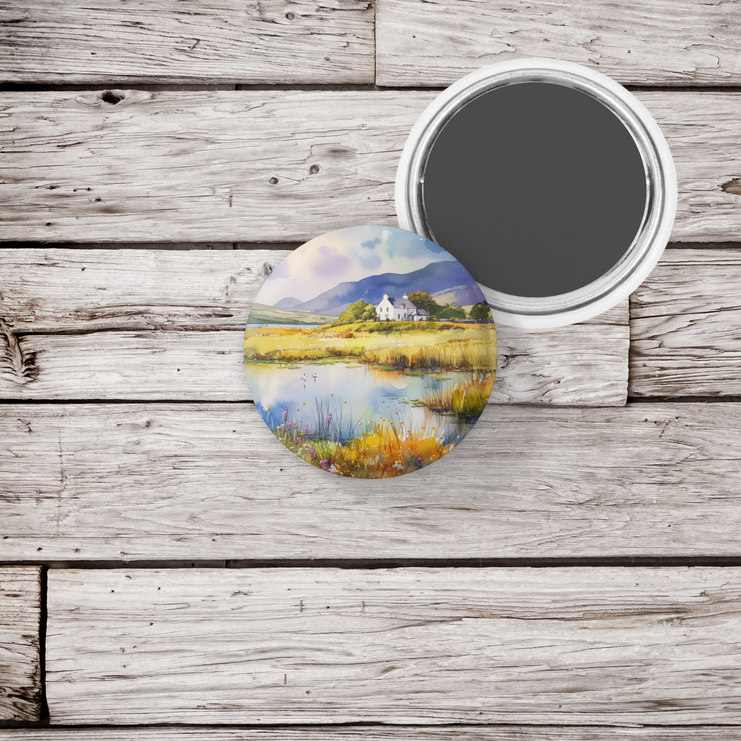 Irish Landscape Pin Pin Back Button, Magnet, Keychain
