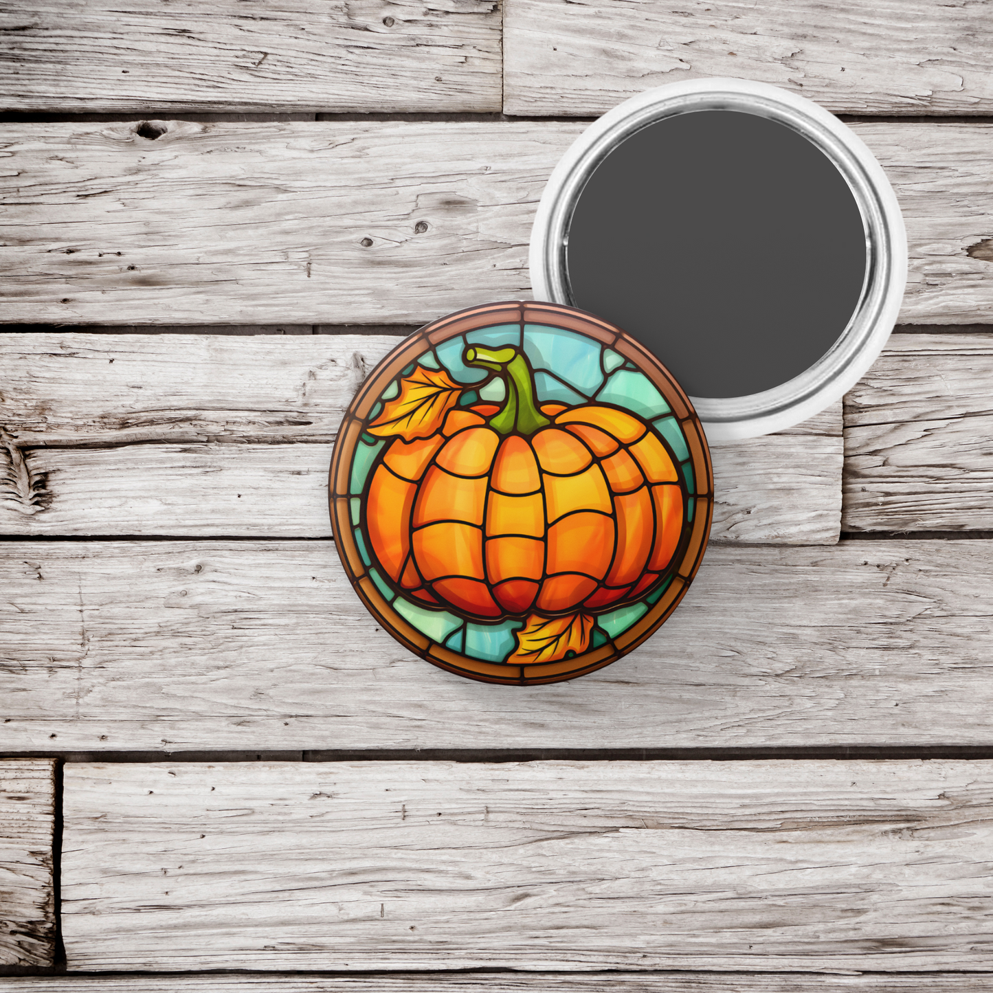 Stained Glass Pumpkin Pin Back Button, Magnet, Keychain