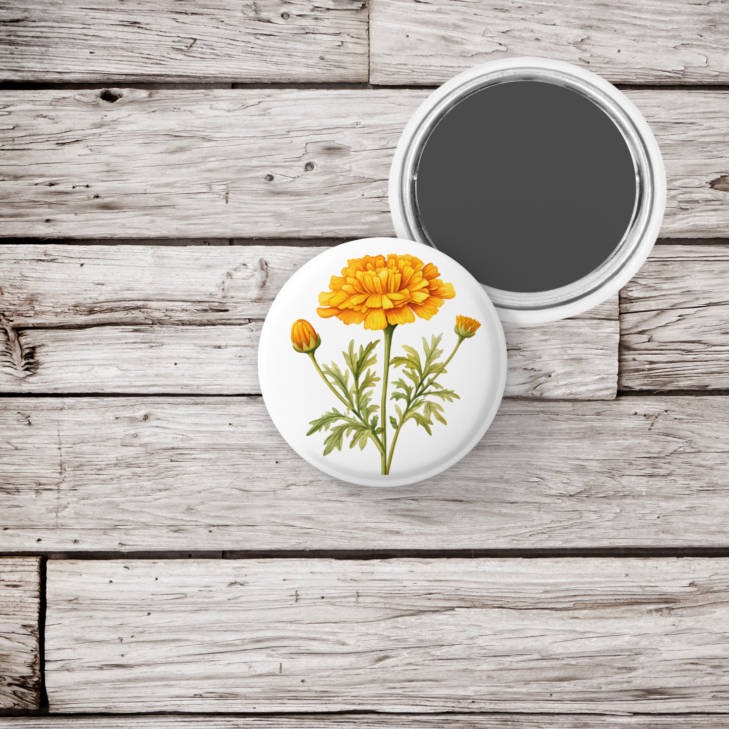 Marigold 3 Pin Pin Back Button, Magnet, Keychain