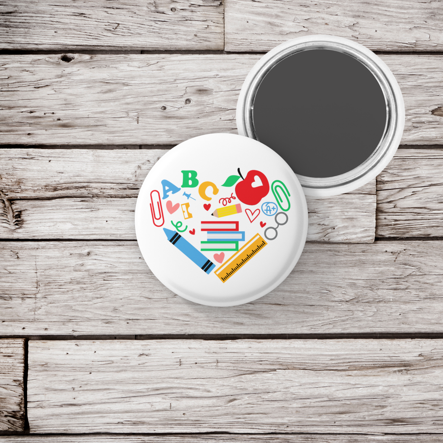 Teacher Heart Pin Back Button, Magnet, Keychain